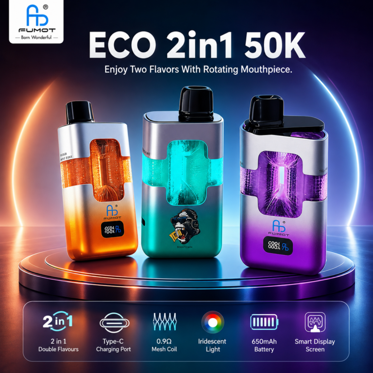 Fumot Eco 2in1 50K disposable vape main artwork showing the dual flavor device presentation.