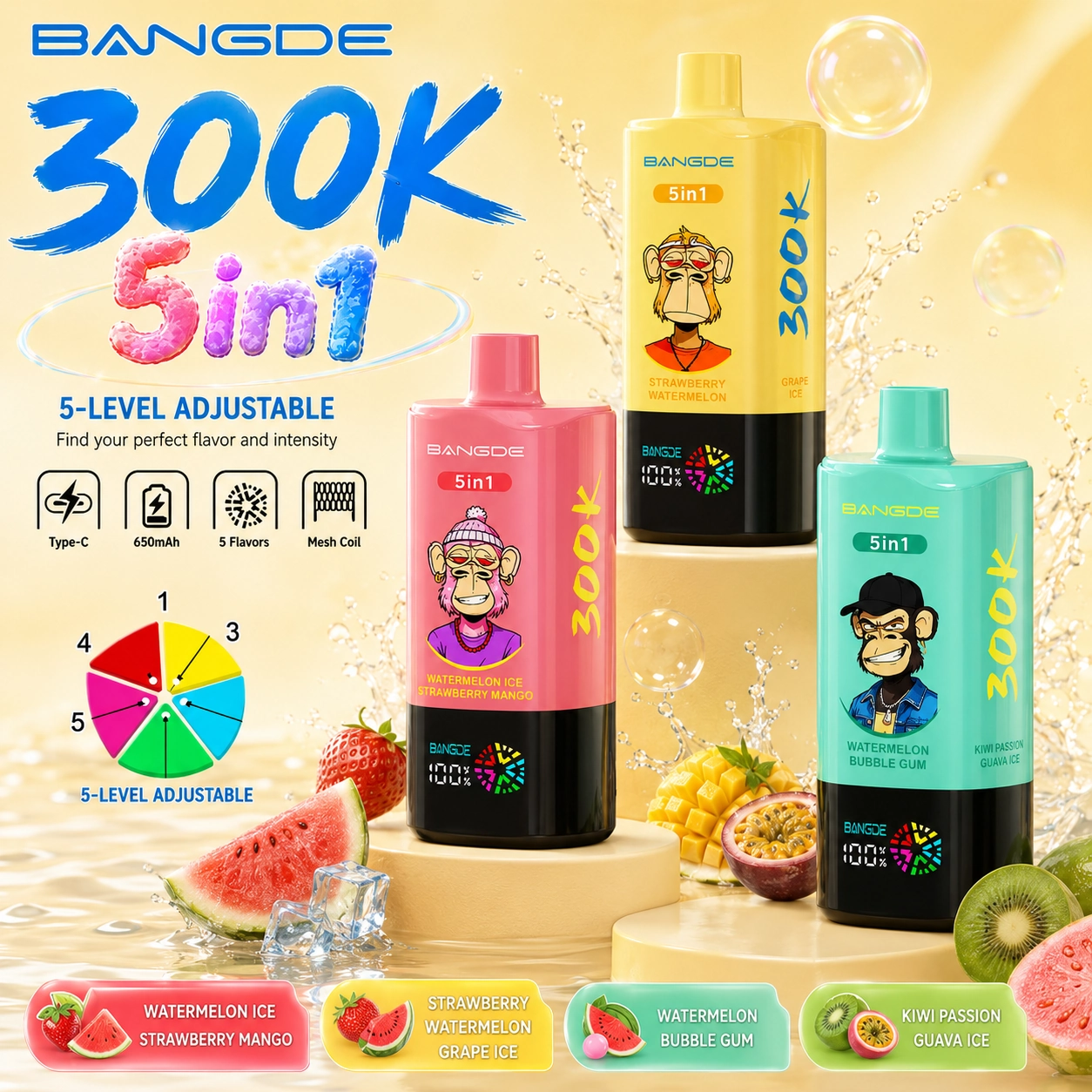 Bang DE 300K Disposable Vape – 300000 Puffs 5-in-1 Flavor Smart Display