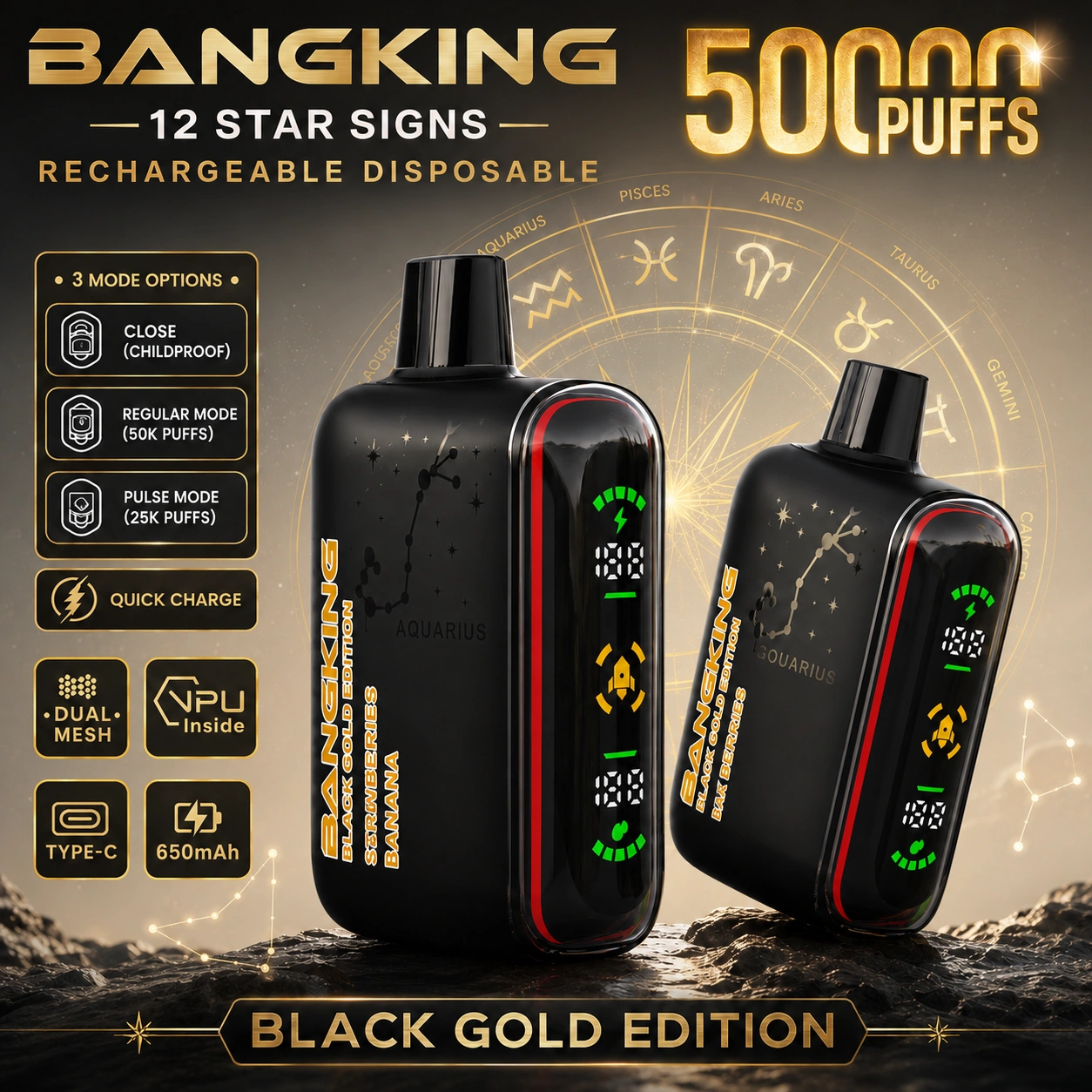 Bang King Zodiac 50000 Puffs Disposable Vape – 12 Signs Dual Mesh Device