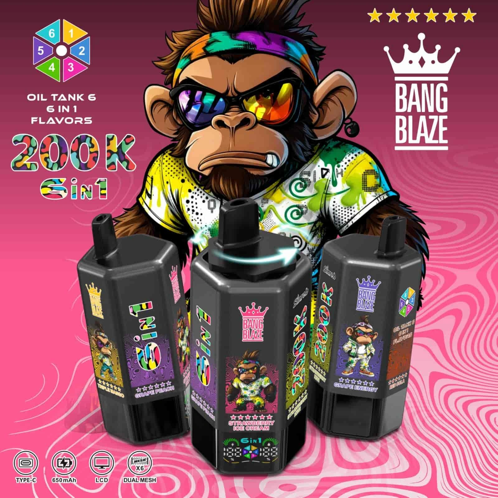 Bang Blaze 200K 01 bang blaze 200k puffs triple mango grape peach strawberry ice cream st vape flavor design with device artwork and matching product packaging.