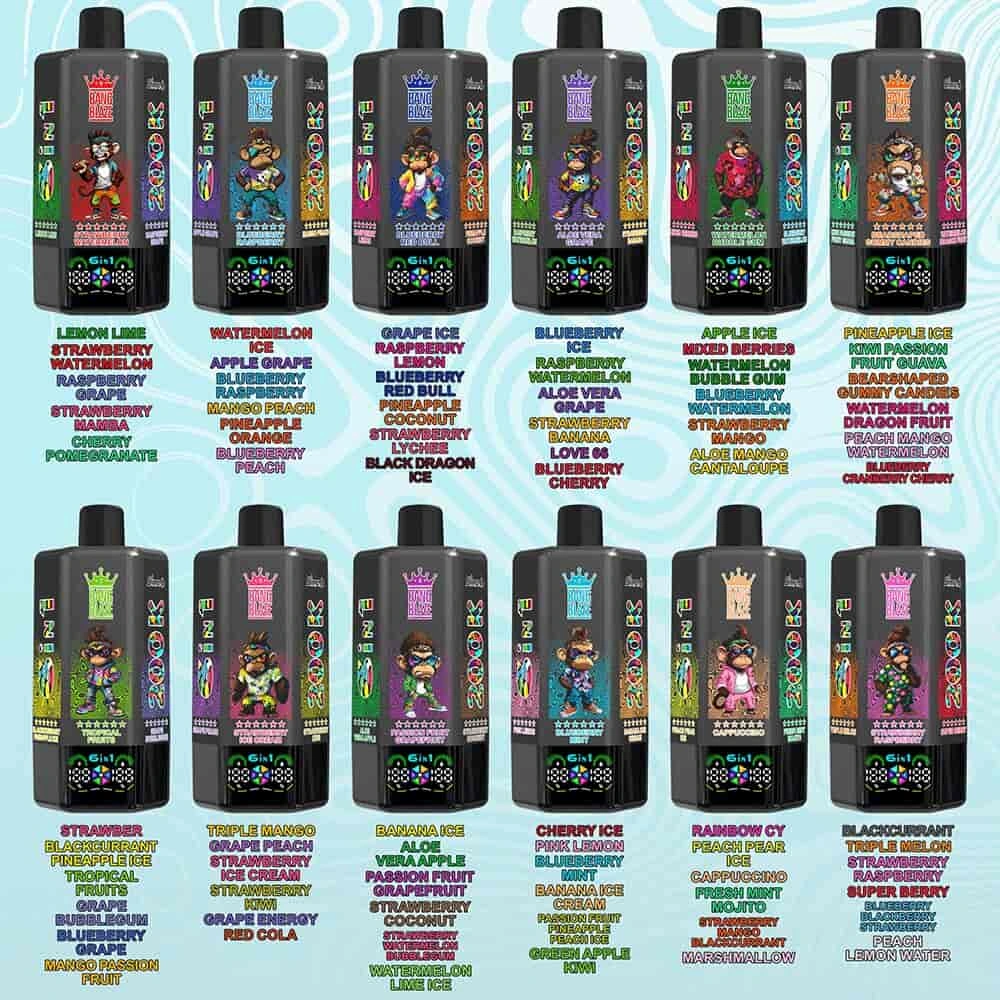 Bang Blaze 200K product display with branded device artwork, packaging details, and model visuals.