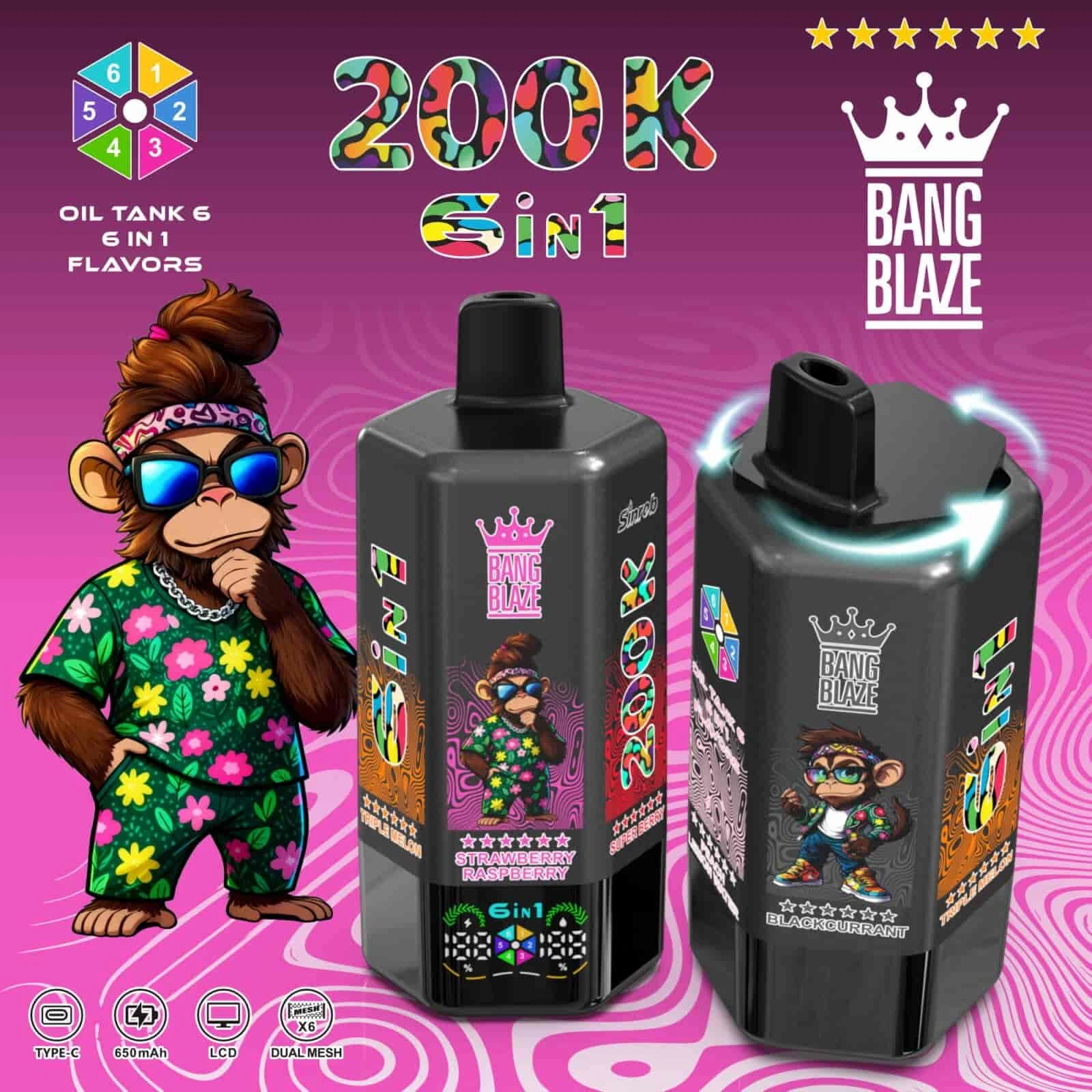 Bang Blaze 200K 03 bang blaze 200k puffs blackcurrant triple melon strawberry raspberry s vape flavor design with device artwork and matching product packaging.