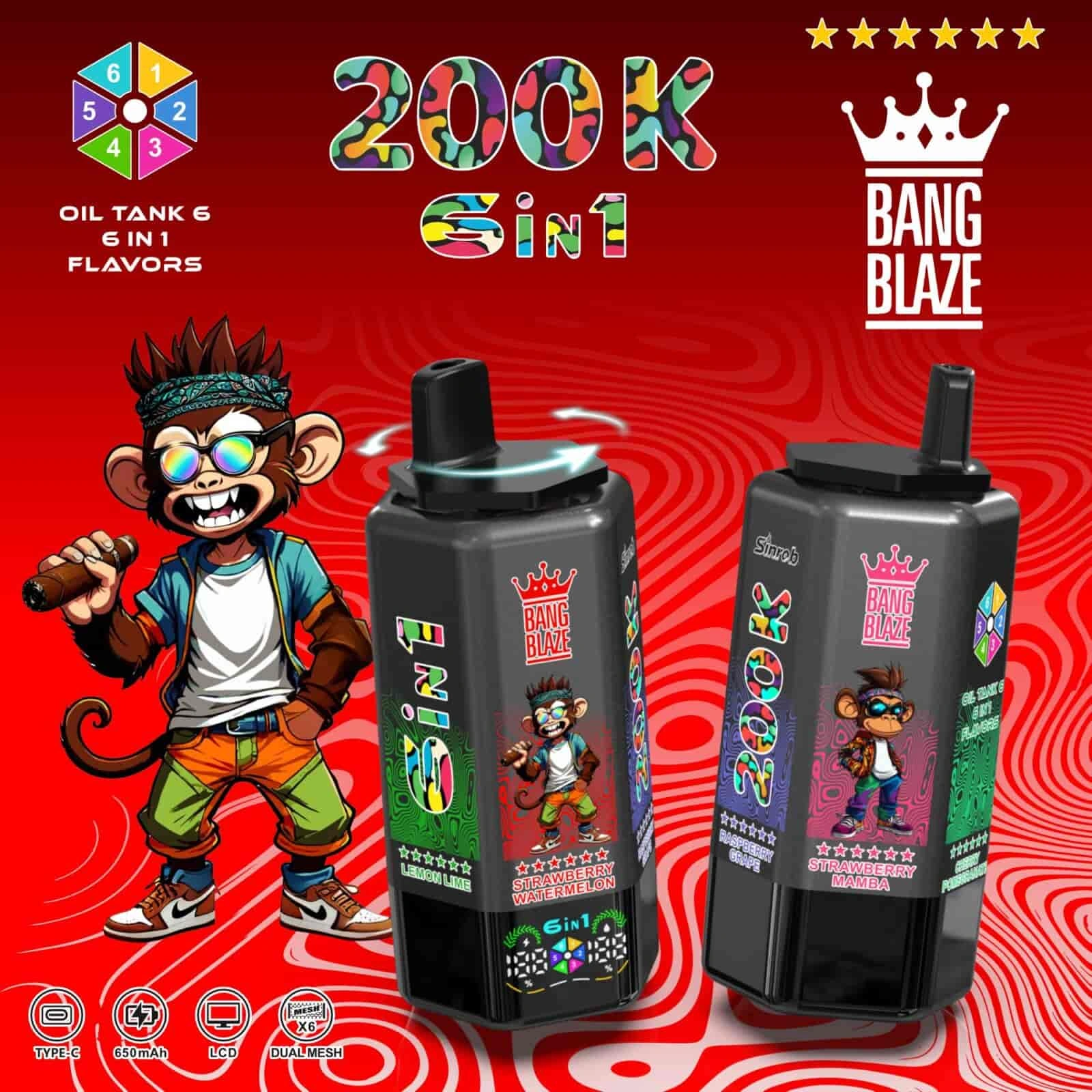Bang Blaze 200K 04 bang blaze 200k puffs peach ice lemon lime strawberry watermelon raspb vape flavor design with device artwork and matching product packaging.