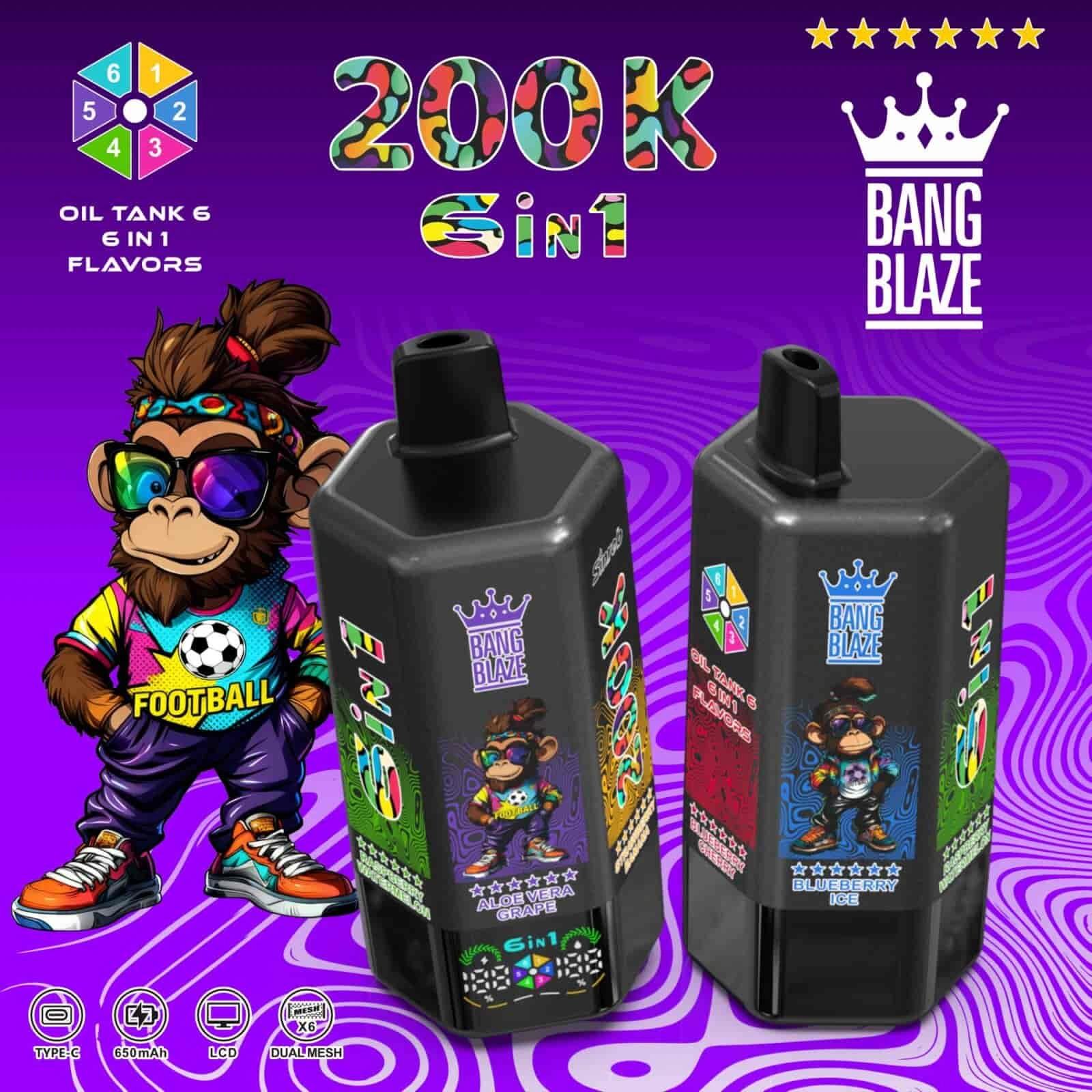 Bang Blaze 200K 05 bang blaze 200k puffs blueberry ice raspberry watermelon aloe vera gra vape flavor design with device artwork and matching product packaging.