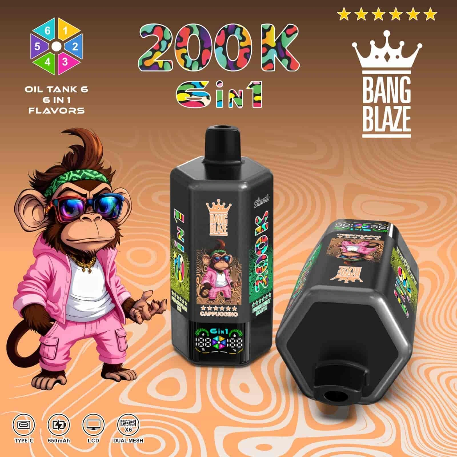 Bang Blaze 200K 06 bang blaze 200k puffs rainbow candy peach pear ice cappuccino fresh mi vape flavor design with device artwork and matching product packaging.