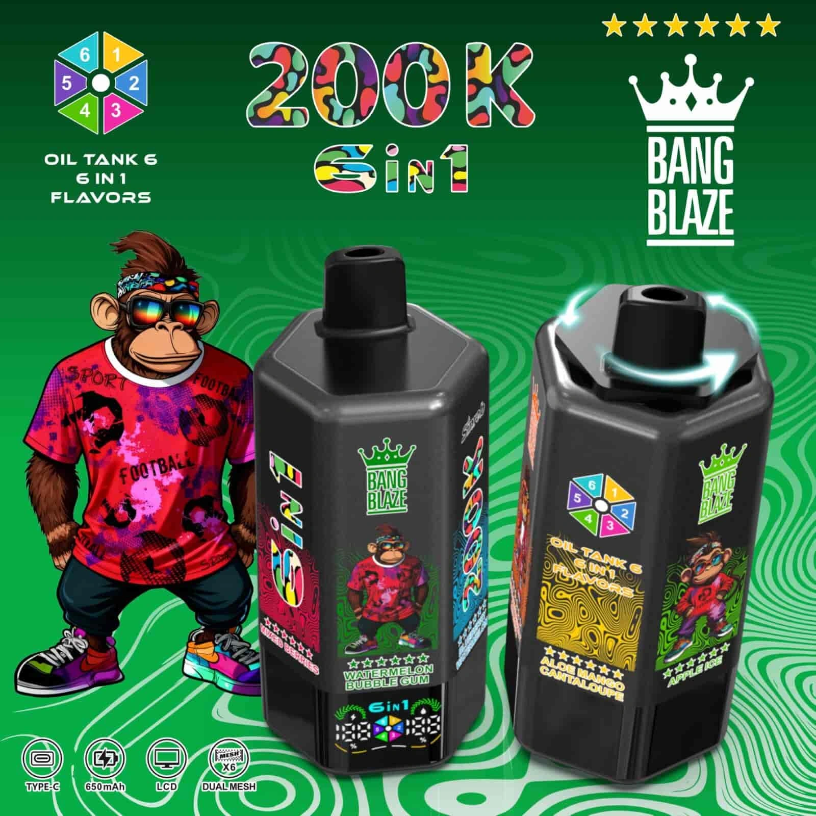 Bang Blaze 200K 07 bang blaze 200k puffs apple ice mixed berries watermelon bubblegum blu vape flavor design with device artwork and matching product packaging.