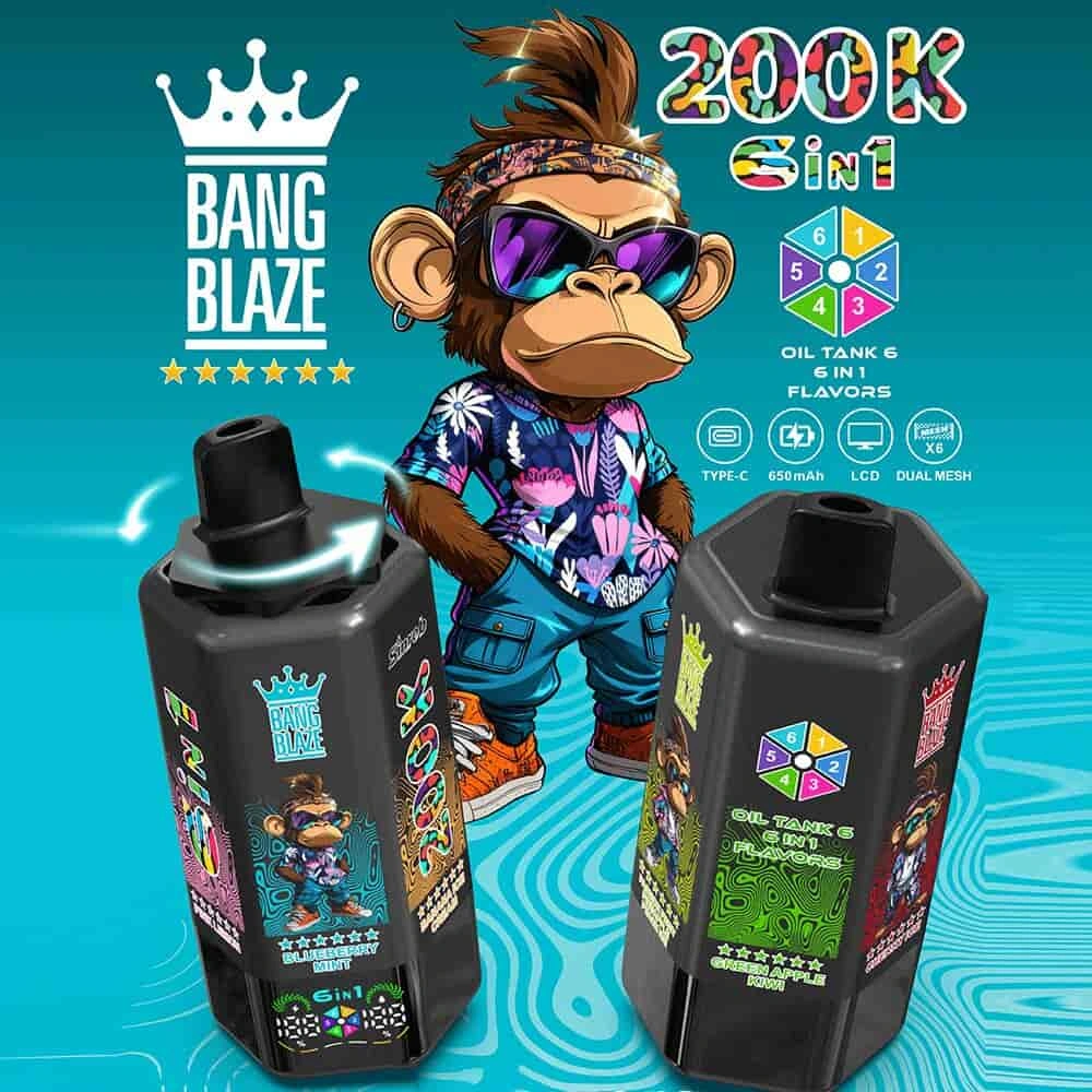Bang Blaze 200K 08 bang blaze 200k puffs cherry ice pink lemonade blueberry mint banana i vape flavor design with device artwork and matching product packaging.