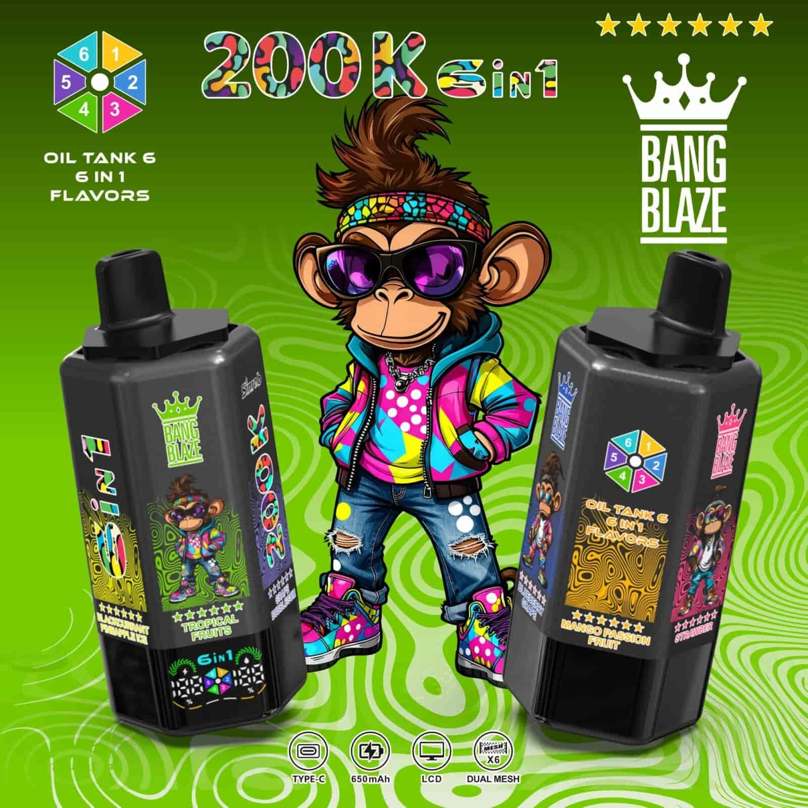 Bang Blaze 200K 09 bang blaze 200k puffs strawberry blackcurrant pineapple ice tropical f vape flavor design with device artwork and matching product packaging.