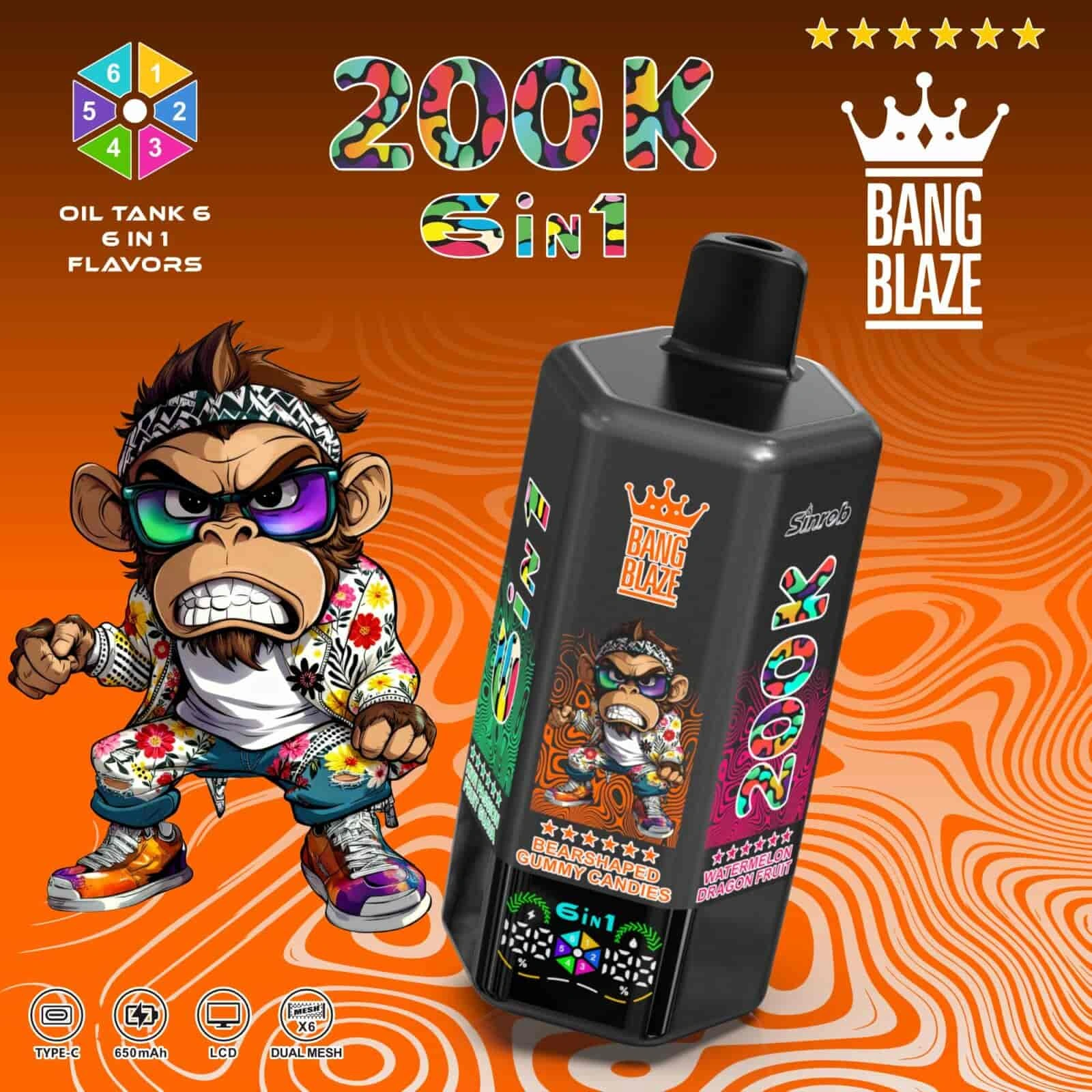 Bang Blaze 200K 10 bang blaze 200k puffs pineapple ice kiwi passion fruit guava bear shap vape flavor design with device artwork and matching product packaging.