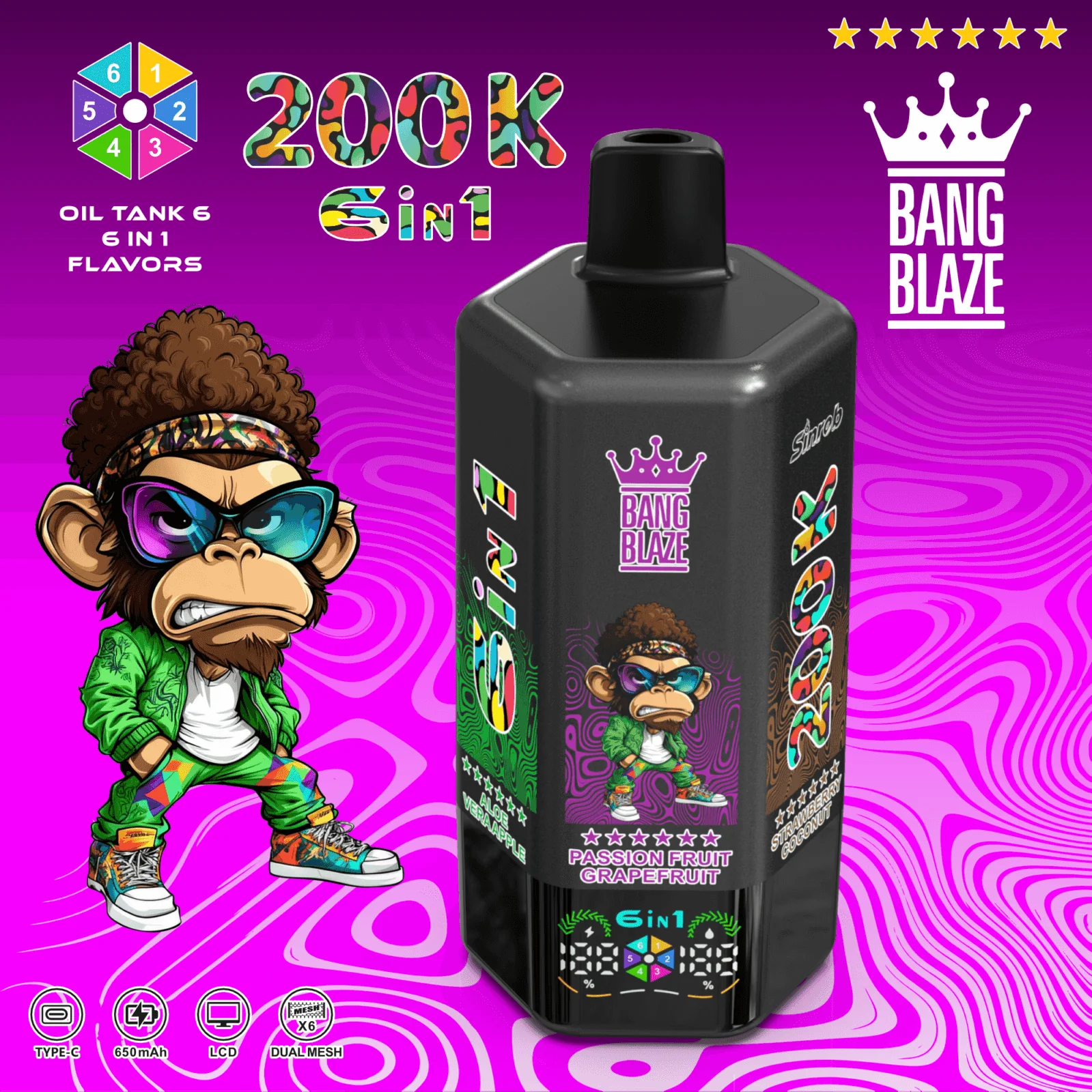Bang Blaze 200K 11 bang blaze 200k puffs banana ice aloe vera apple passion fruit grape s vape flavor design with device artwork and matching product packaging.