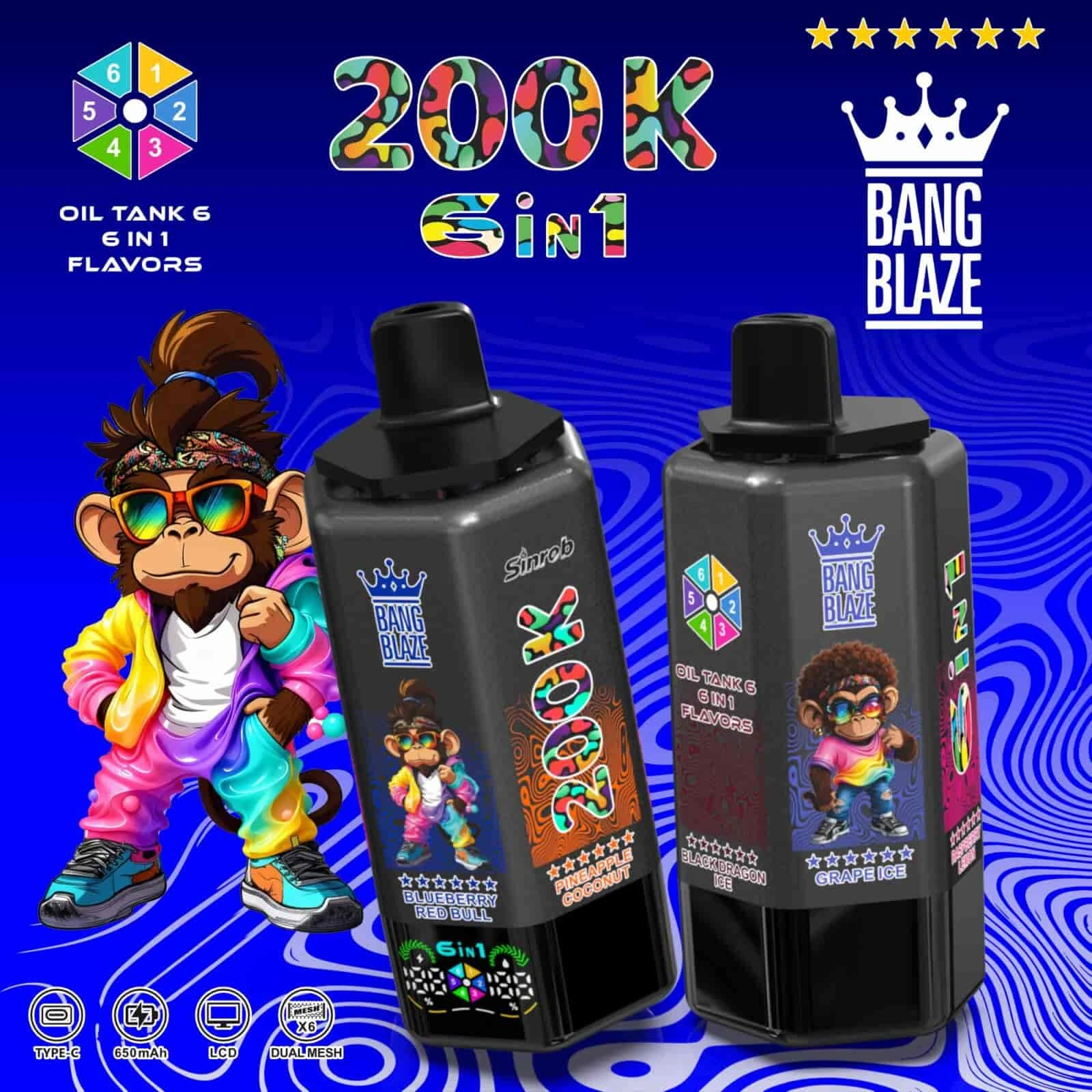 Bang Blaze 200K 12 bang blaze 200k puffs grape ice raspberry lemon blueberry red bull pin vape flavor design with device artwork and matching product packaging.