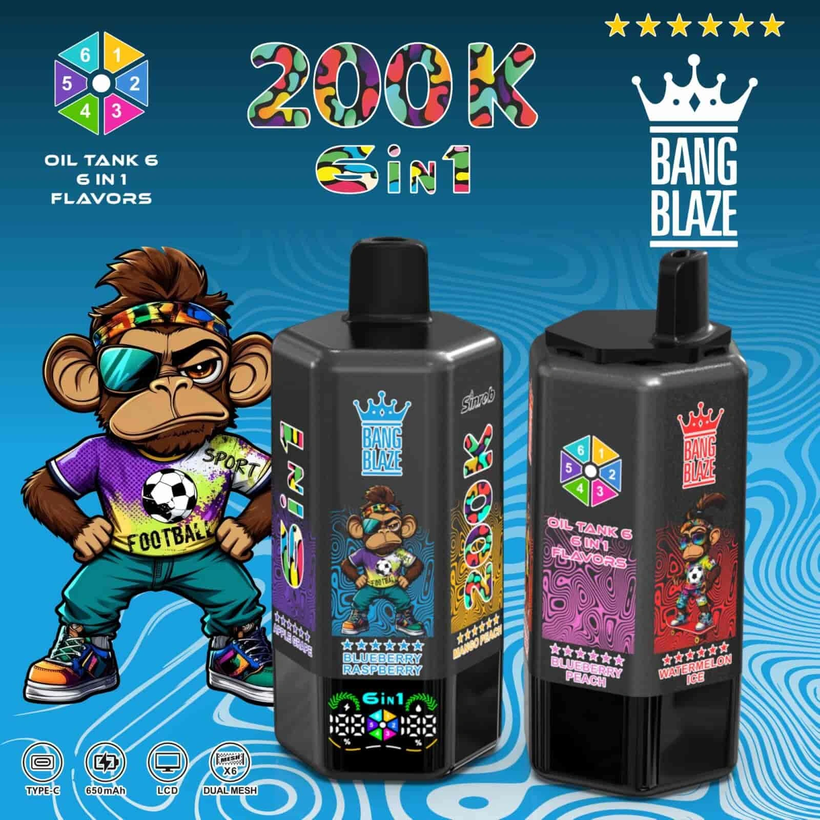 Bang Blaze 200K 13 bang blaze 200k puffs watermelon ice apple grape blueberry raspberry m vape flavor design with device artwork and matching product packaging.