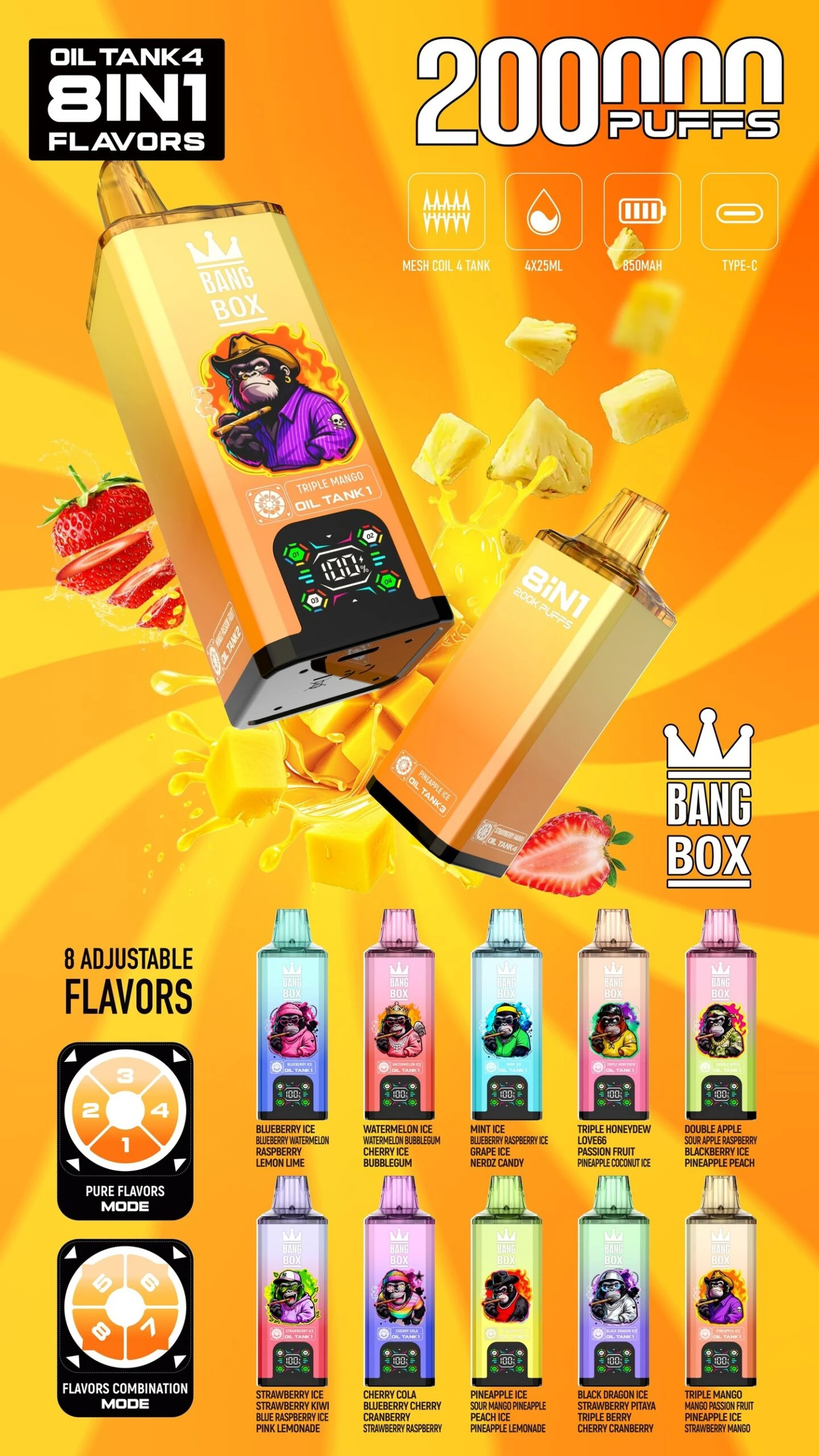Bang Box 200000 8 in 1 03 box 200000 puffs 8in1 vape 12 vape flavor design with device artwork and matching product packaging.