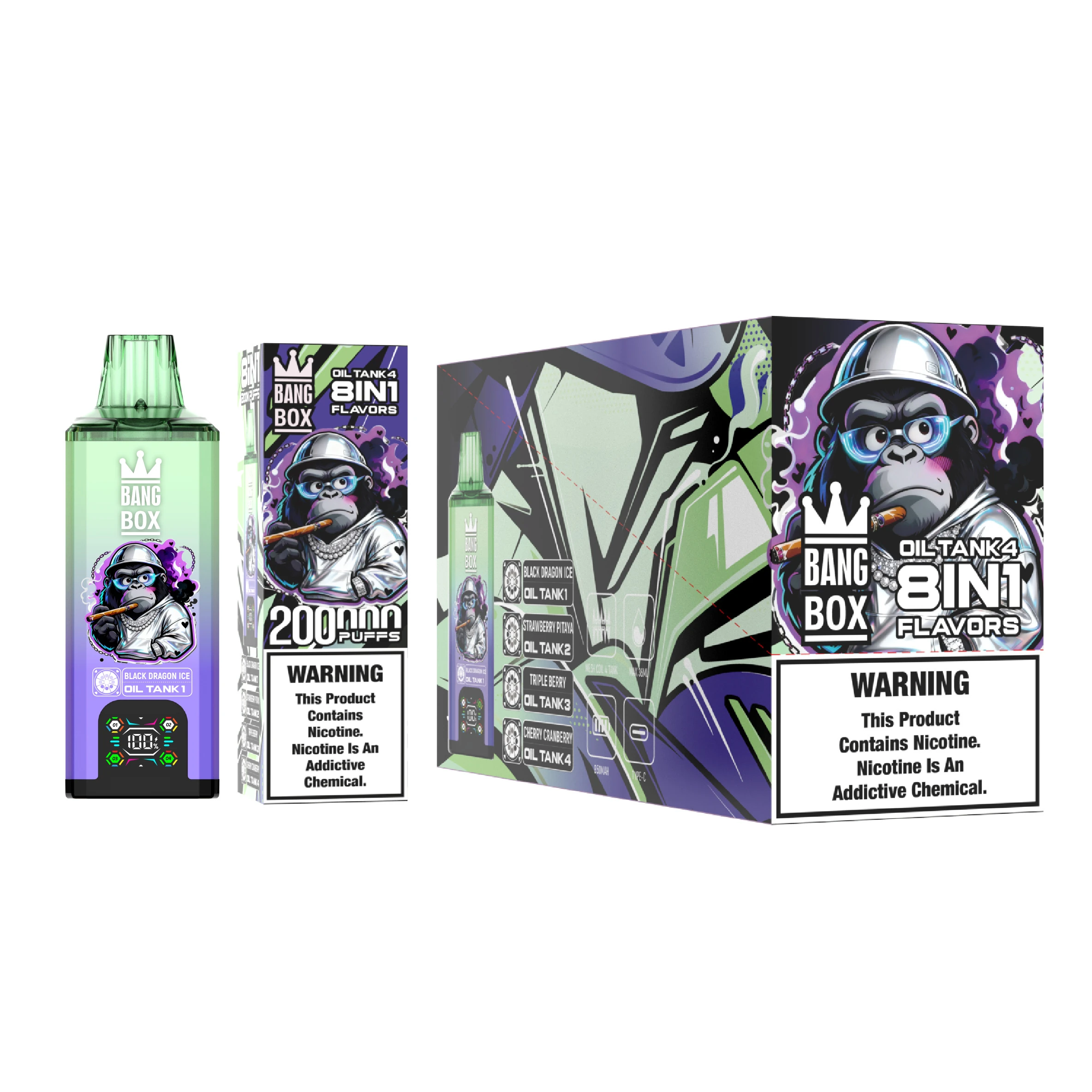 Bang Box 200000 8 in 1 05 box 200000 puffs 8in1 vape 3 vape flavor design with device artwork and matching product packaging.