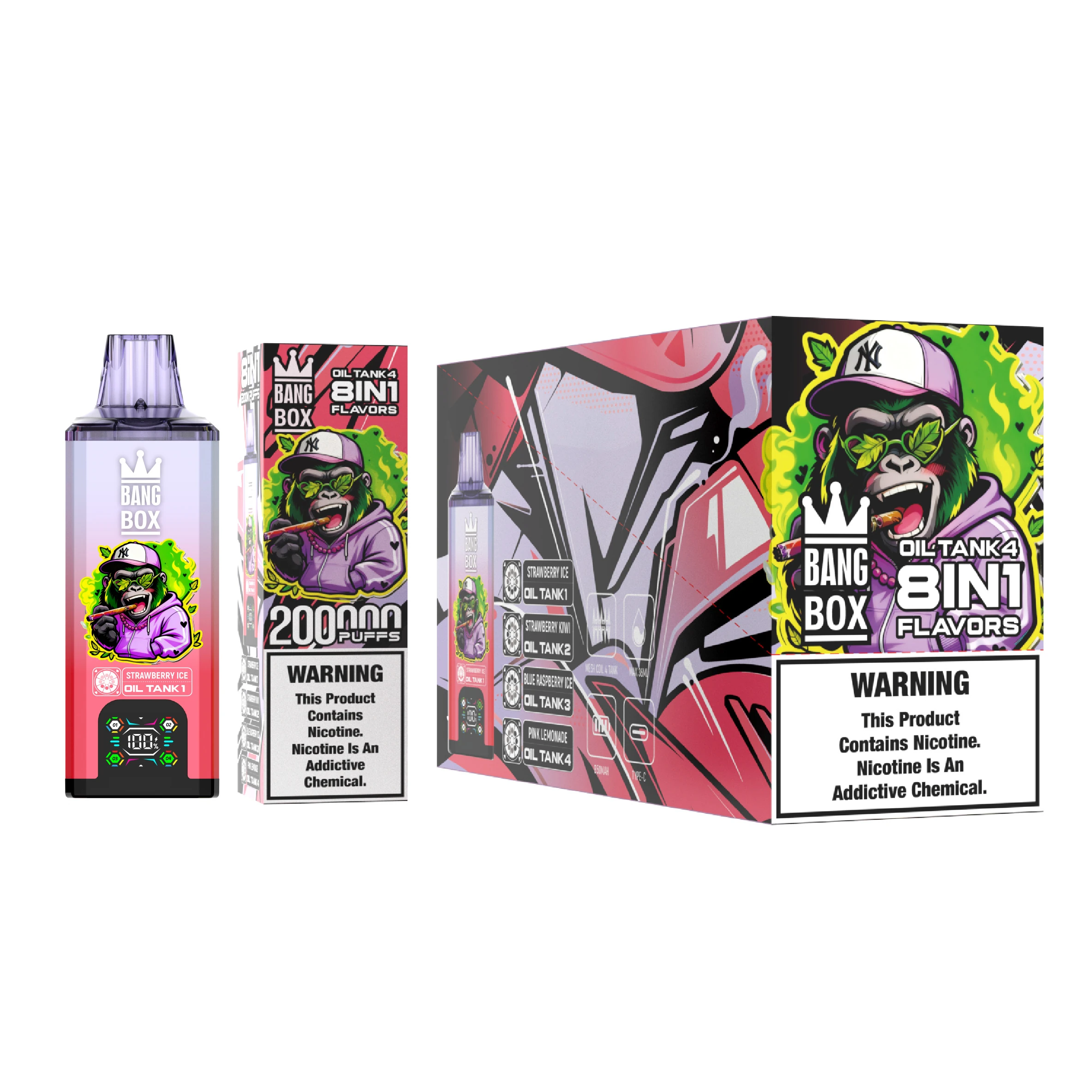 Bang Box 200000 8 in 1 08 box 200000 puffs 8in1 vape 6 vape flavor design with device artwork and matching product packaging.