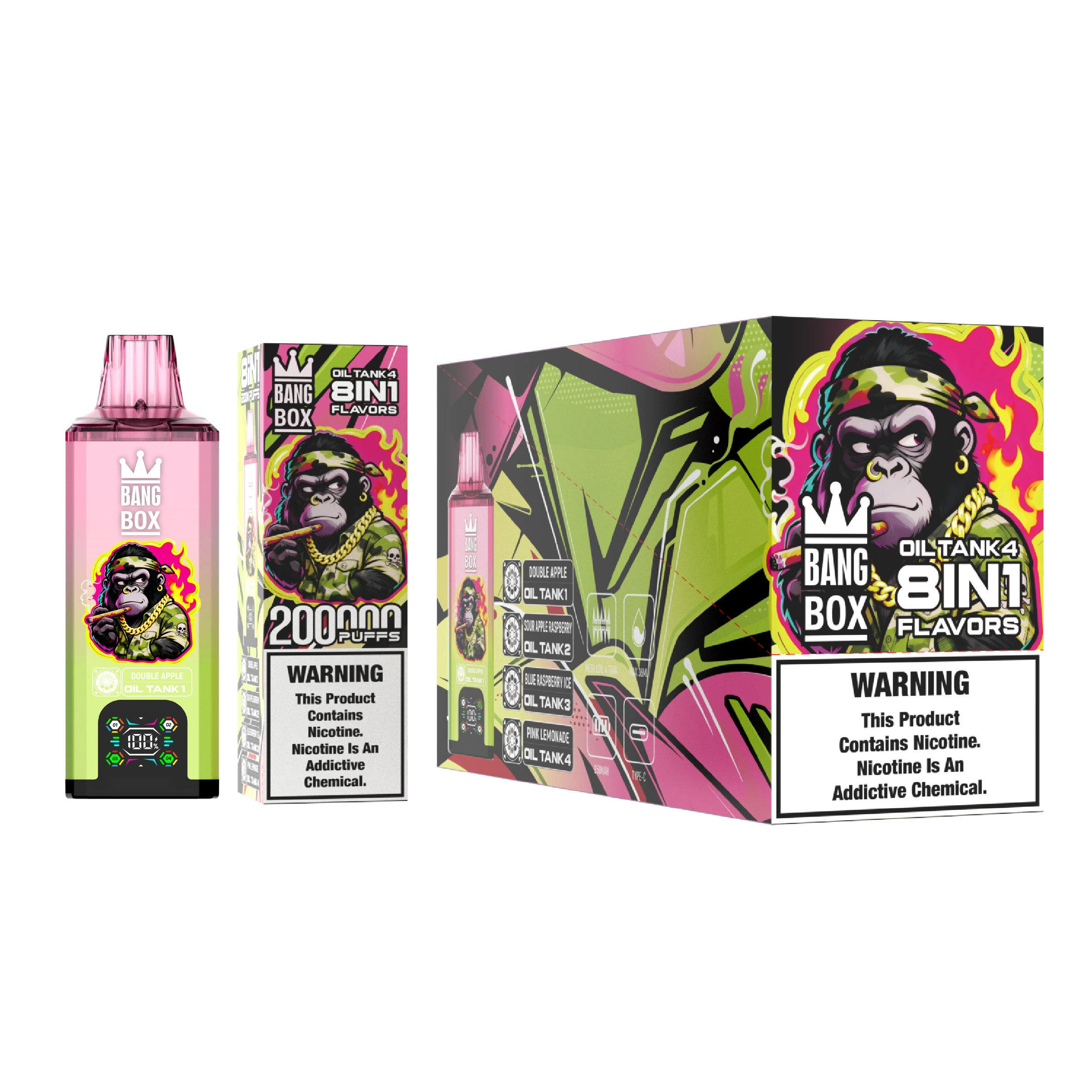 Bang Box 200000 8 in 1 09 box 200000 puffs 8in1 vape 7 vape flavor design with device artwork and matching product packaging.