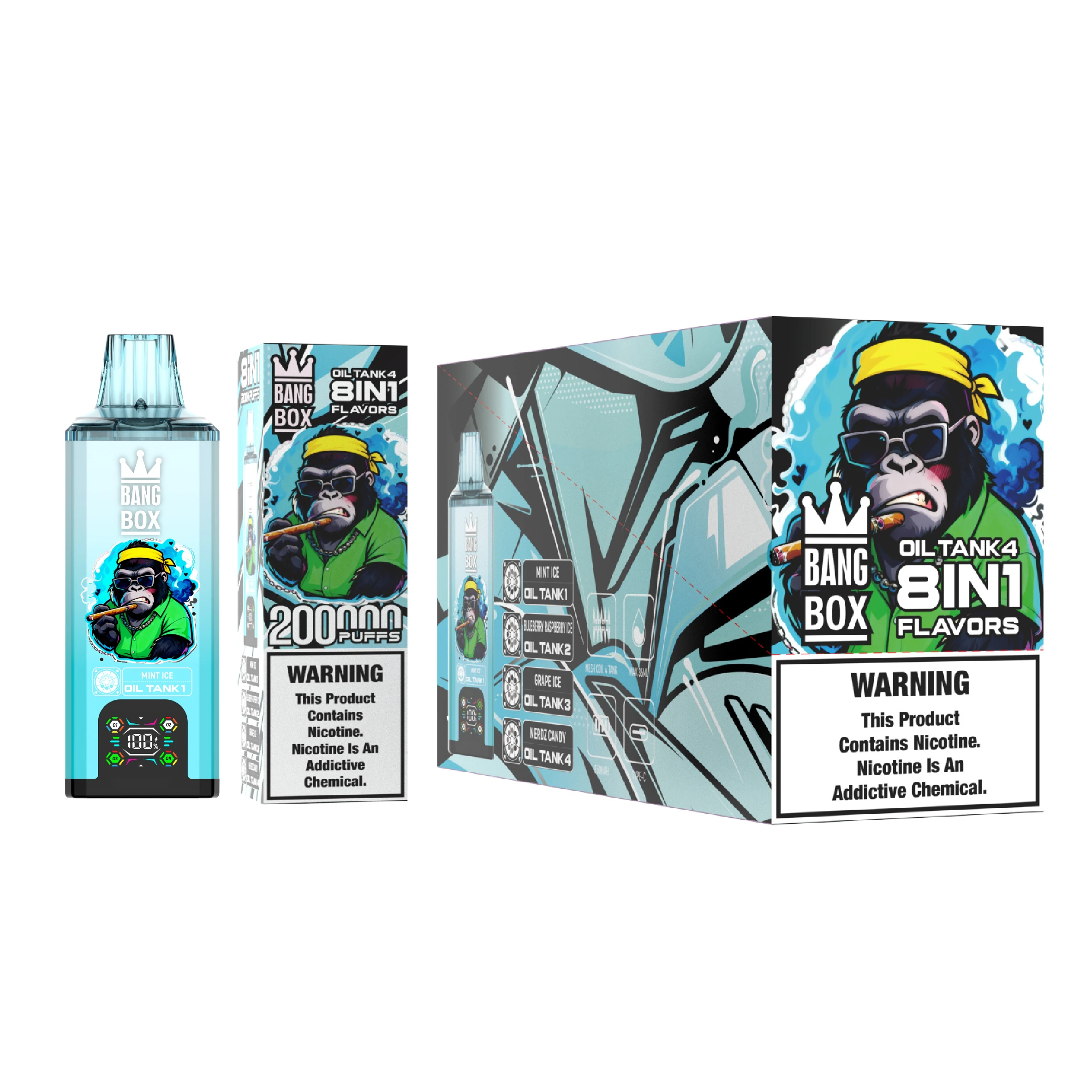 Bang Box 200000 8 in 1 11 box 200000 puffs 8in1 vape 9 vape flavor design with device artwork and matching product packaging.
