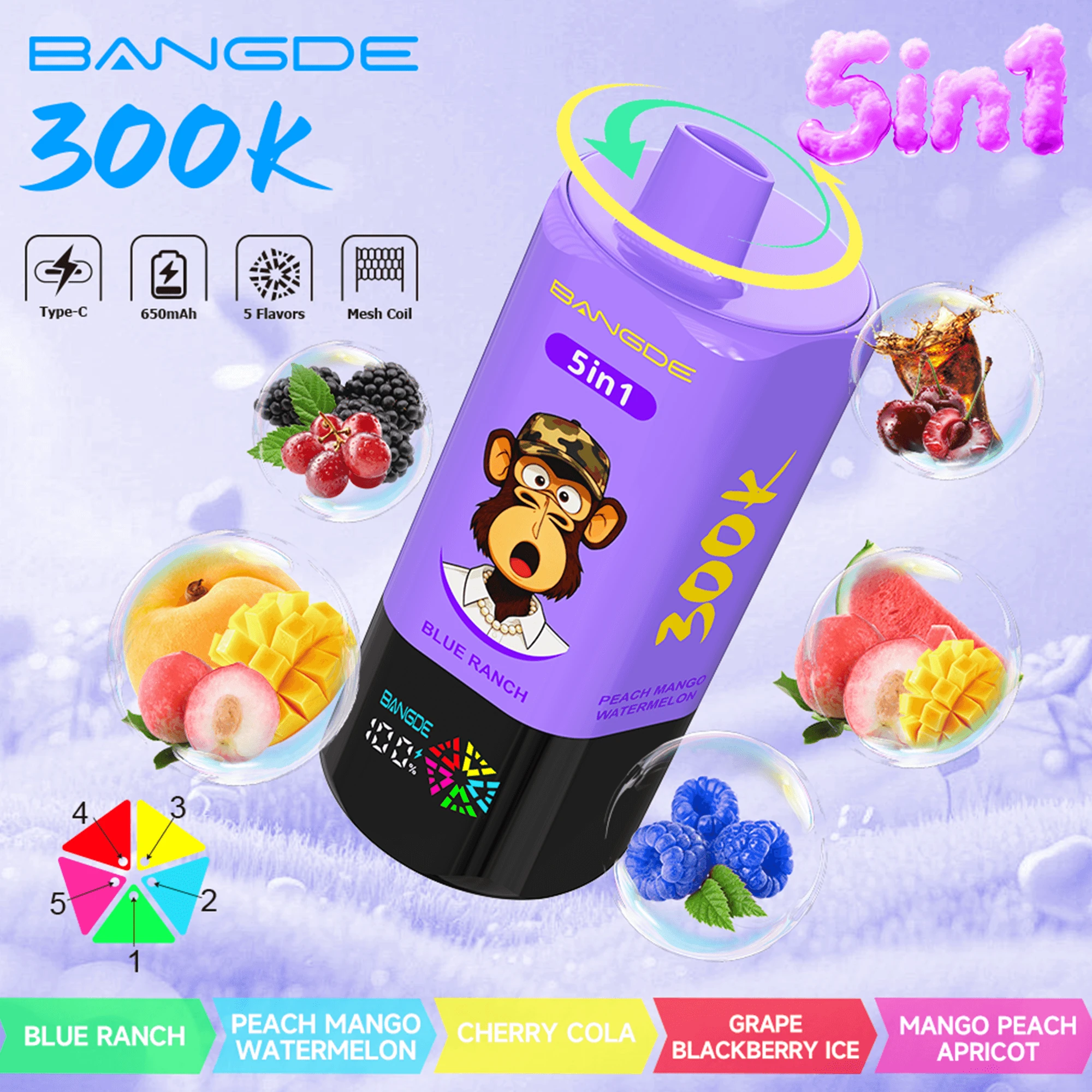 Bang DE 300K Blue Ranch, Peach Mango, Watermelon Cherry Cola, Grape Blackberry Ice och Mango Peach Apricot-enhet.