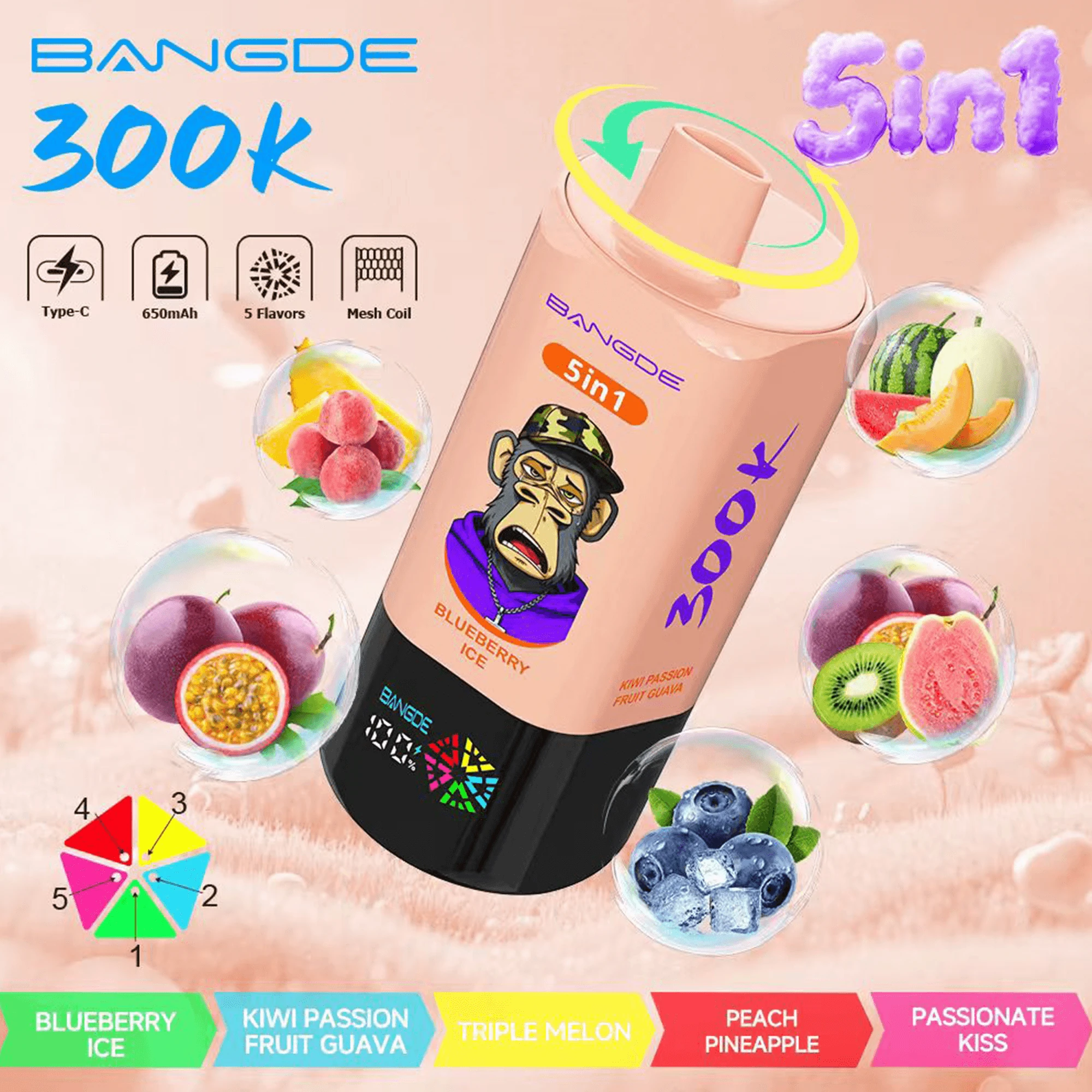 Bang DE 300K Blueberry Ice, Kiwi Passion Fruit Guava, Triple Melon, Peach Pineapple och Passionate Kiss-enheten.