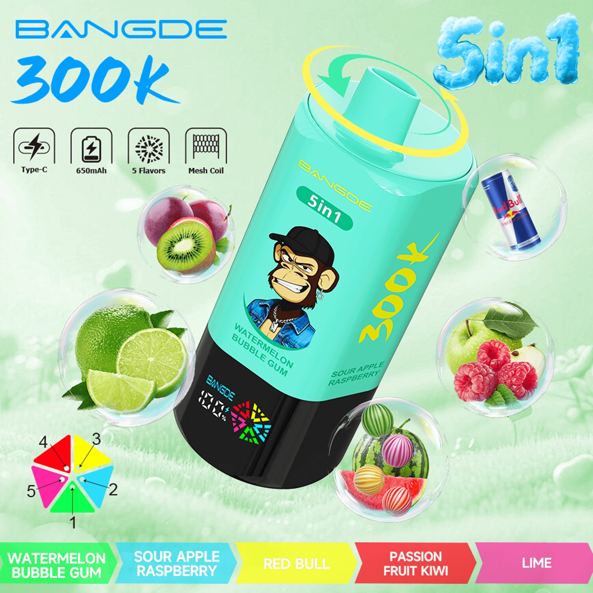 Bang DE 300K – smakmodul med smakerna vattenmelon-bubbelgum, surt äpple-hallon, Red Bull, passionsfrukt-kiwi och lime.