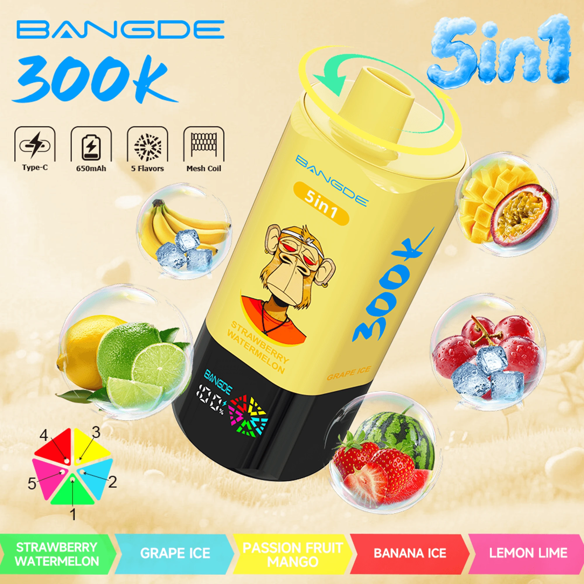 Bang DE 300K – smakmodul med smakerna jordgubb-vattenmelon, druvis, passionsfrukt-mango, bananis och citron-lime.