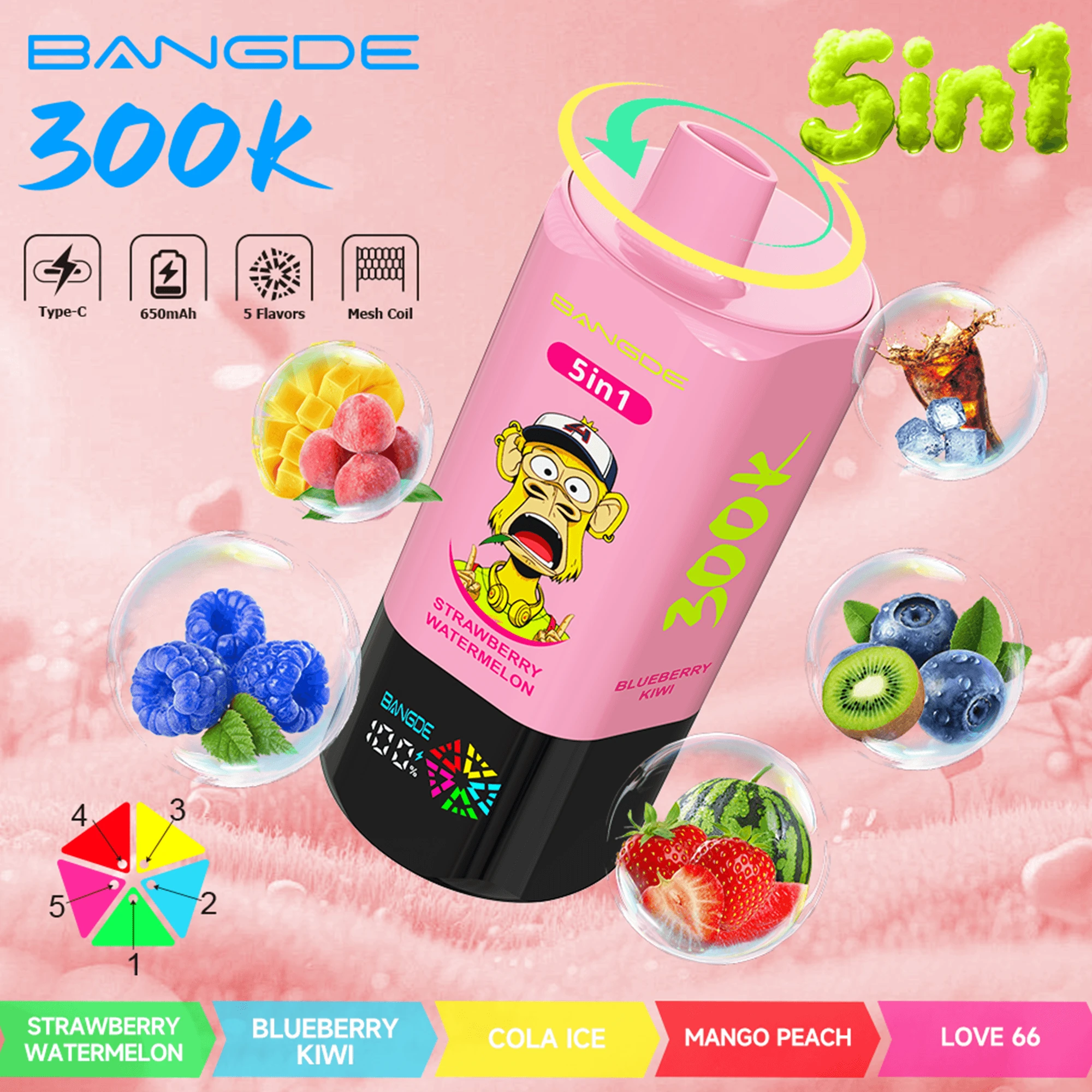 Bang DE 300K – smakmodeller: jordgubbe-vattenmelon, blåbär-kiwi, cola-is, mango-persika och Love 66.