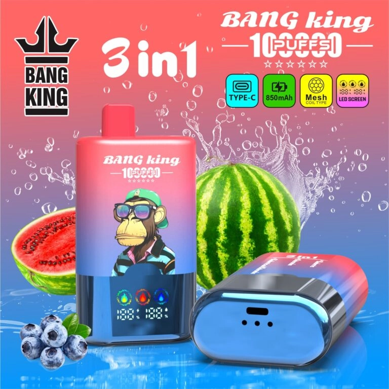 Bang King 100K Disposable Vape with Strawberry, Watermelon and Strawberry Watermelon flavors in a 3-in-1 LED screen design.