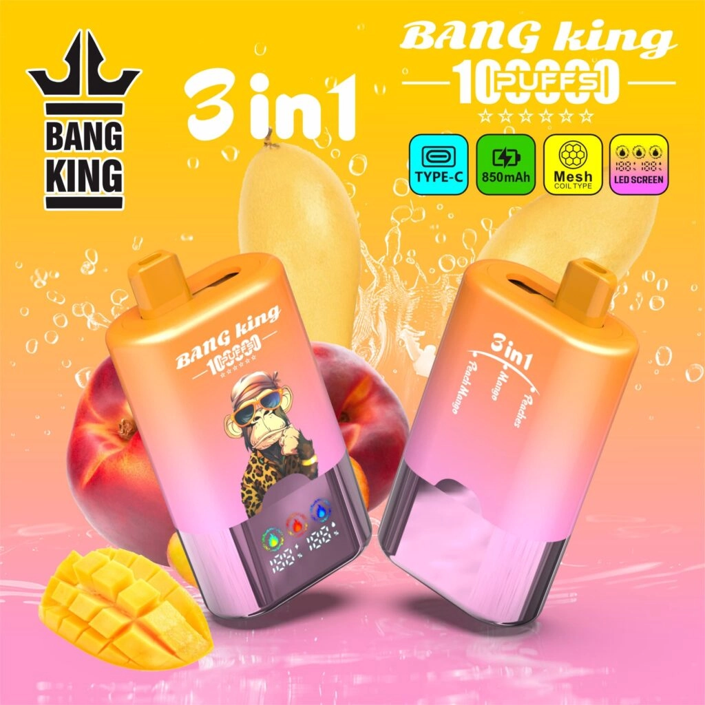 Bang King 100K Disposable Vape with Peaches, Mango and Peach Mango flavors, presented in the 3-in-1 rechargeable range.
