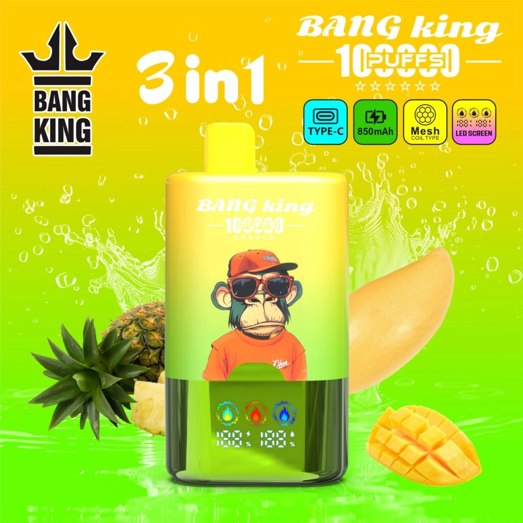 Bang King 100K Disposable Vape with Pineapple, Mango and Pineapple Mango flavors, shown with the 3-in-1 LED screen.