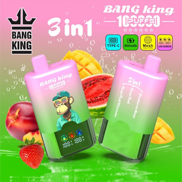 Bang King 100K Disposable Vape with Strawberry Mango, Mango Peach and Mango Peach Watermelon in the 3-in-1 flavor system.