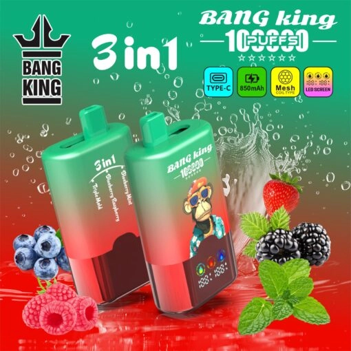 Bang King 100K Disposable Vape featuring Blueberry Mint, Blueberry Raspberry and Triple Melon flavors with 3-in-1 format.