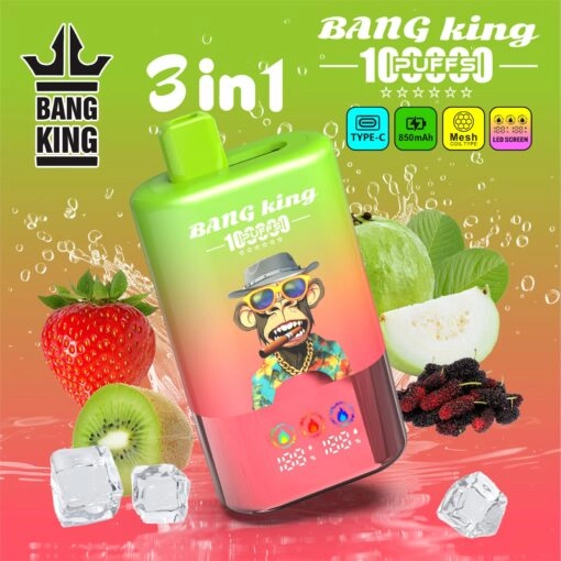 Bang King 100K Disposable Vape with Strawberry Kiwi, Kiwi Guava and Black Dragon Ice flavors in its 3-in-1 flavor range.