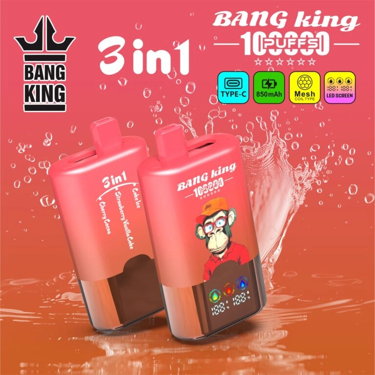 Bang King 100K Disposable Vape featuring Coke Ice, Strawberry Vanilla Coke and Cherry Cocoa flavors with LED status display.