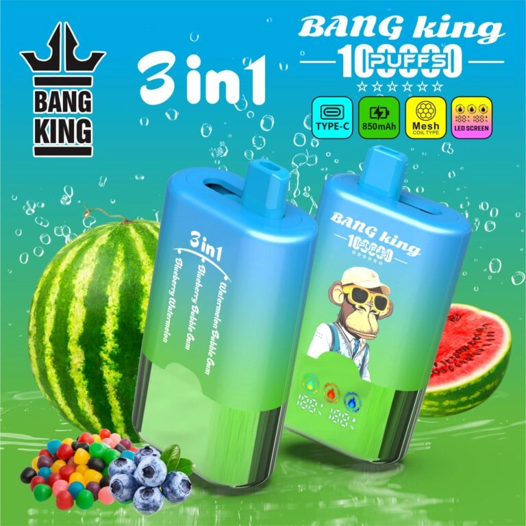 Bang King 100K Disposable Vape with Watermelon Bubblegum, Blueberry Bubblegum and Blueberry Watermelon flavors in 3-in-1.