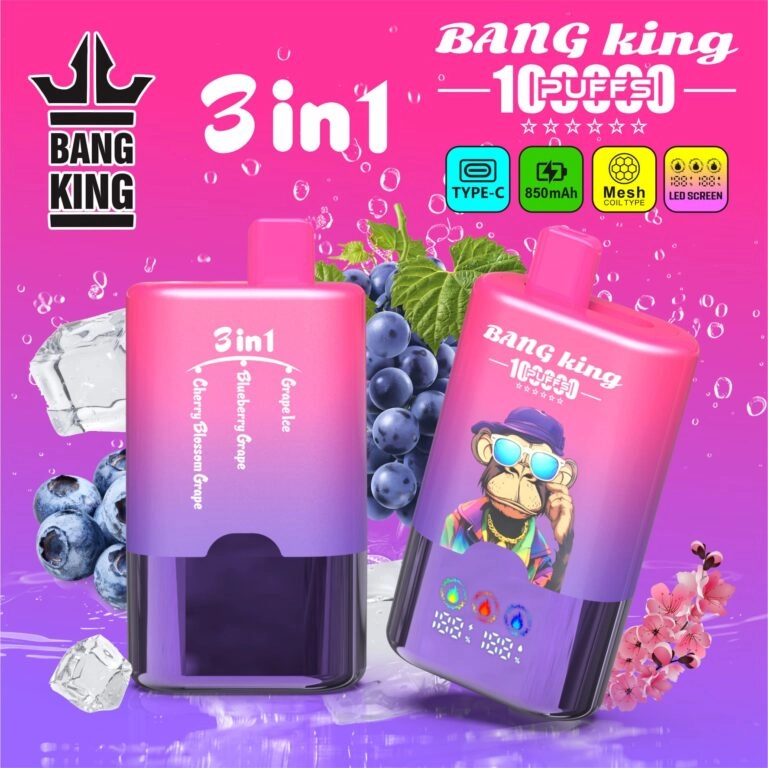 Bang King 100K Disposable Vape featuring Grape Ice, Blueberry Grape and Cherry Blossom Grape flavors in the 3-in-1 range.