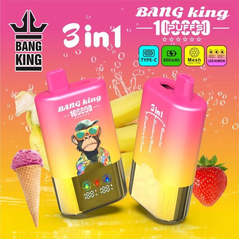 Bang King 100K Disposable Vape with Banana Ice, Strawberry Banana and Strawberry Ice Cream flavors in its 3-in-1 design.