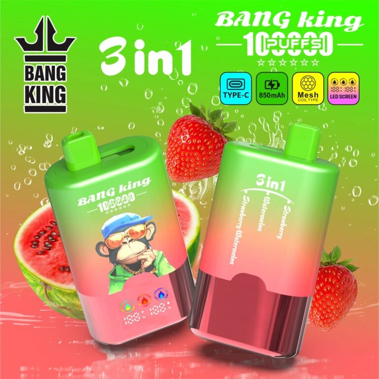 Bang King 100K Disposable Vape showing Strawberry, Watermelon and Strawberry Watermelon flavors with 3-in-1 LED screen.