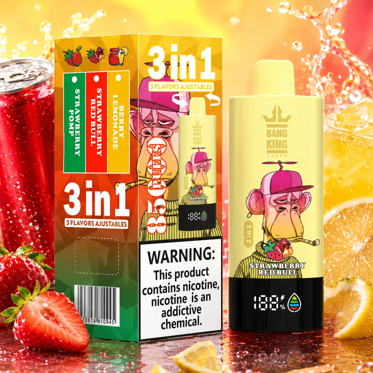 Bang King Triple 85K VapeBerry Lemonade Strawberry Red Bull Strawberry Pom 3-in-1 disposable vape with up to 85,000 puffs