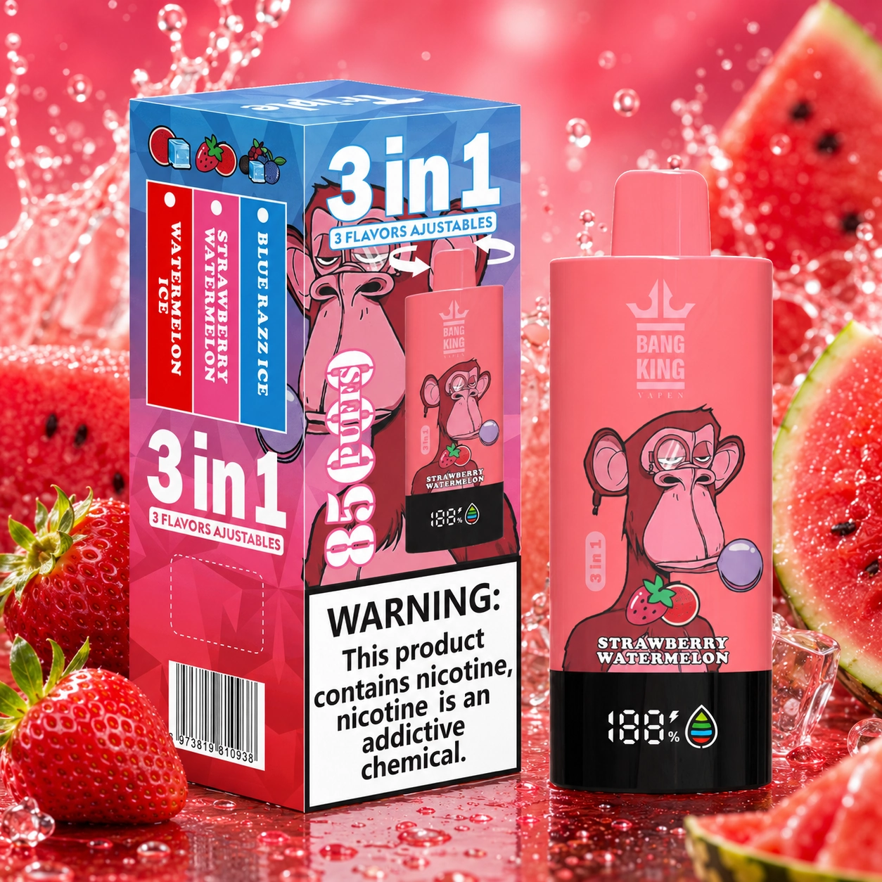 Bang King Triple 85K VapeStrawberry Watermelon Watermelon Ice Blue Razz Ice 3-in-1 disposable vape with up to 85,000 puffs