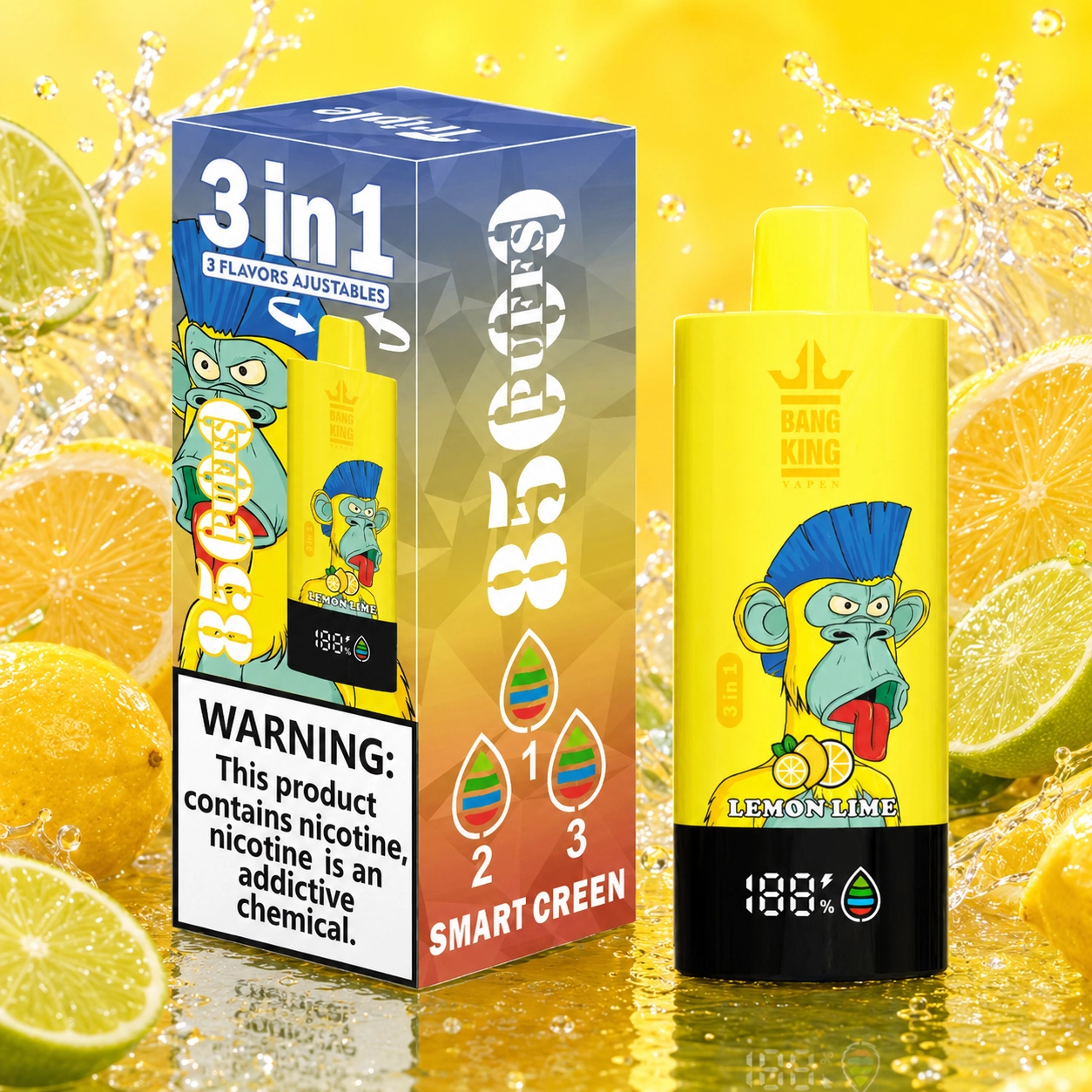 Bang King Triple 85K Vape Lemon Lime Strawberry Watermelon Blueberry Ice 3-in-1 disposable vape with up to 85,000 puffs