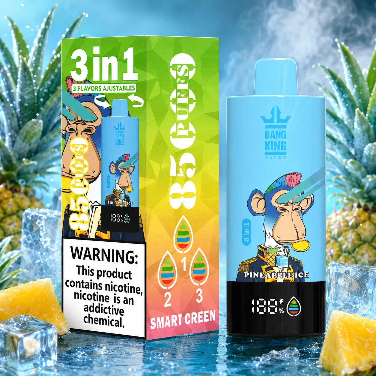 Bang King Triple 85K Vape Double Apple Fruity Fusion Pineapple Ice 3-in-1 disposable vape with up to 85,000 puffs