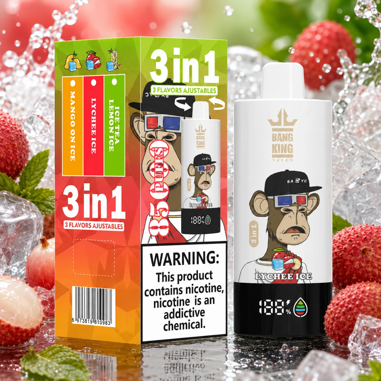 Bang King Triple 85K Vape Ice Tea Lemon Ice Mango Ice Lychee Ice 3-in-1 disposable vape with up to 85,000 puffs