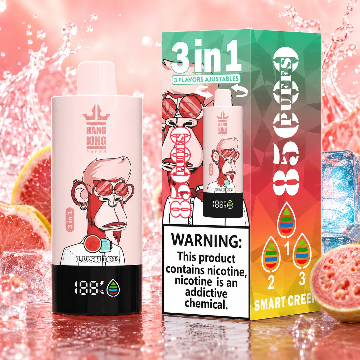 Bang King Triple 85K Vape Lush Ice Kiwi Passion Fruit Guava Strawberry Mango 3-in-1 disposable vape with up to 85,000 puffs