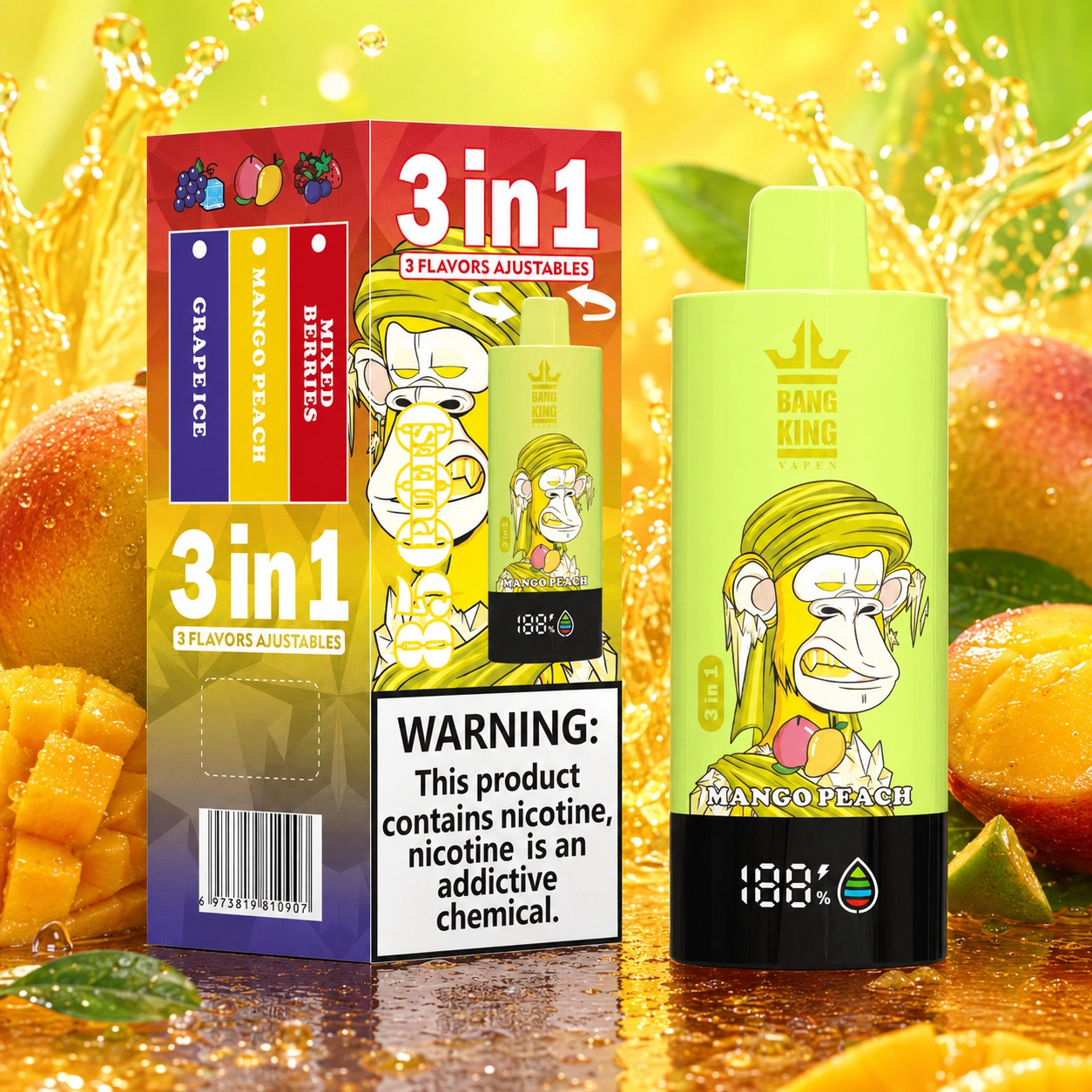 Bang King Triple 85K Vape Mixed Berries Mango Peach Grape Ice 3-in-1 disposable vape with up to 85,000 puffs