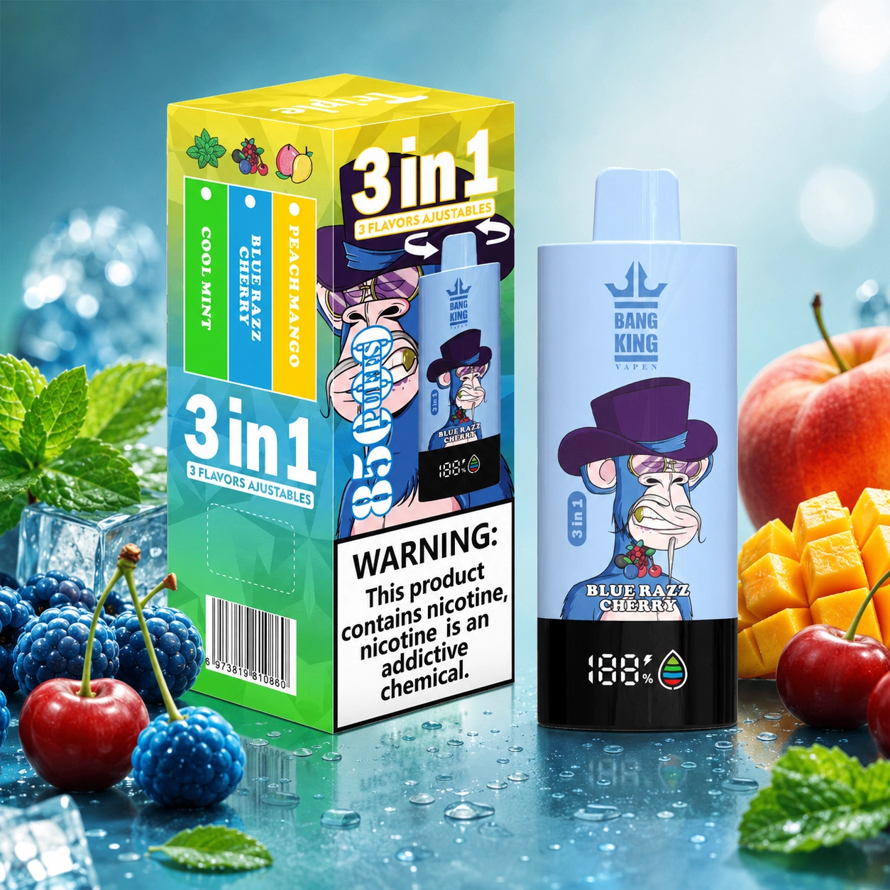 Bang King Triple 85K Vape Blue Razz Cherry Cool Mint Peach Mango 3-in-1 disposable vape with up to 85,000 puffs