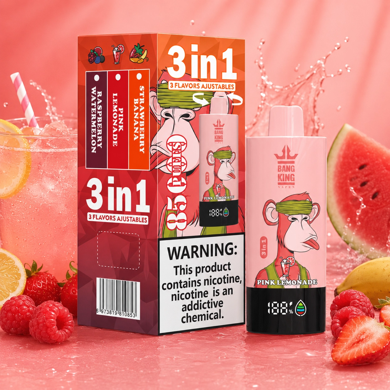 Bang King Triple 85K Vape Strawberry Banana Raspberry Watermelon Pink Lemonade 3-in-1 disposable vape with up to 85,000 puffs