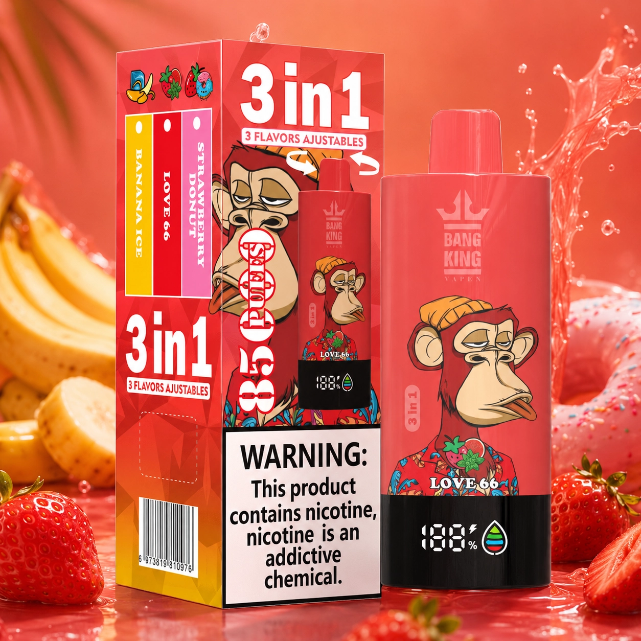 Bang King Triple 85K Vape Strawberry Donut Banana Ice Love 66 3-in-1 disposable vape with up to 85,000 puffs