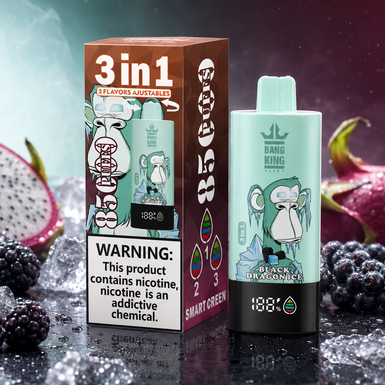 Bang King Triple 85K Vape Strawberry Vanilla Coke Peach Ice Black Dragon Ice 3-in-1 disposable vape with up to 85,000 puffs
