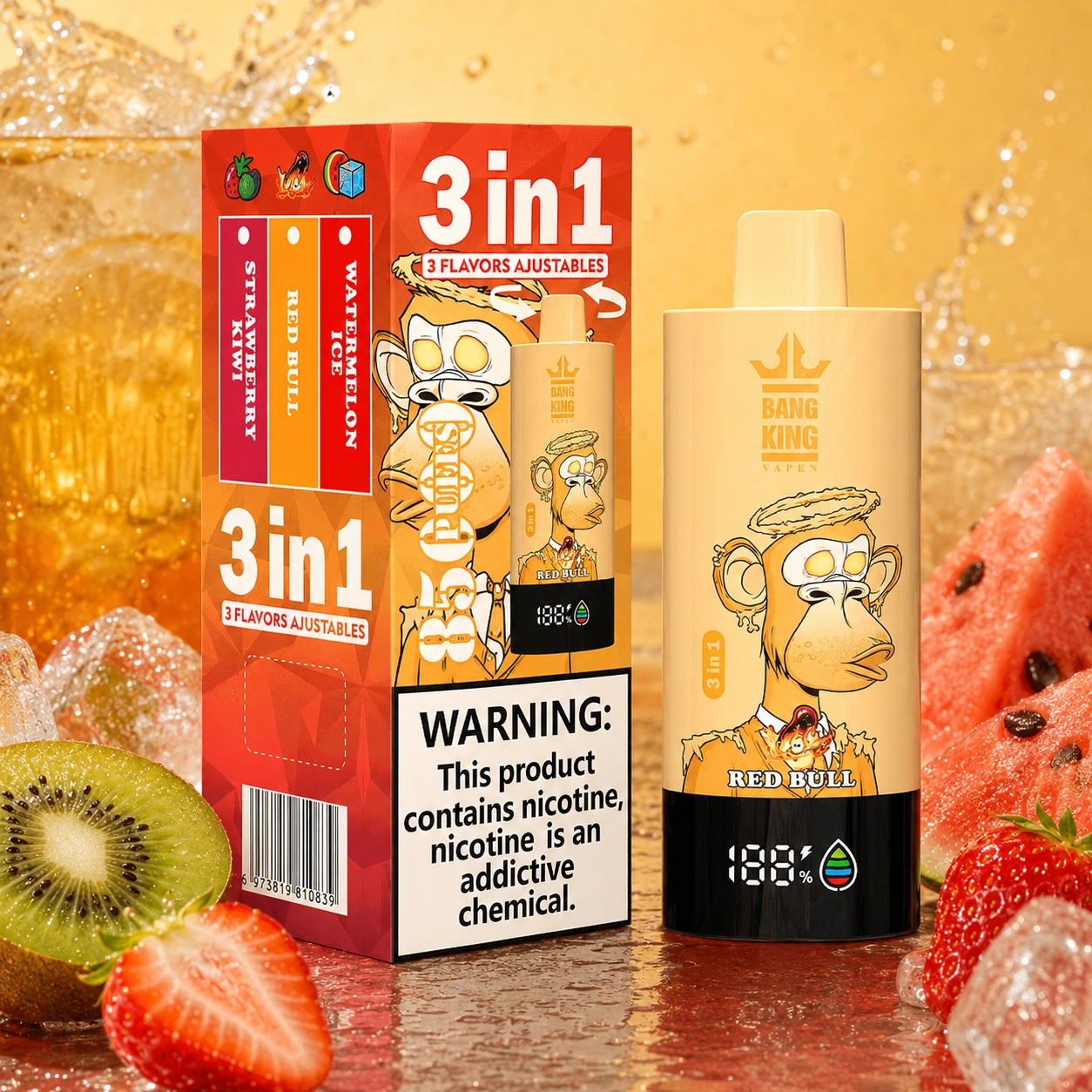 Bang King Triple 85K Vape Watermelon Ice Red Bull Strawberry Kiwi 3-in-1 disposable vape with up to 85,000 puffs