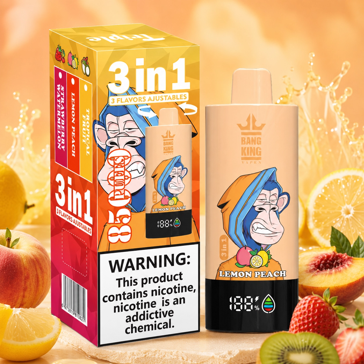 Bang King Triple 85K Vape Tropical Fruit Strawberry Watermelon Lemon Peach 3-in-1 disposable vape with up to 85,000 puffs